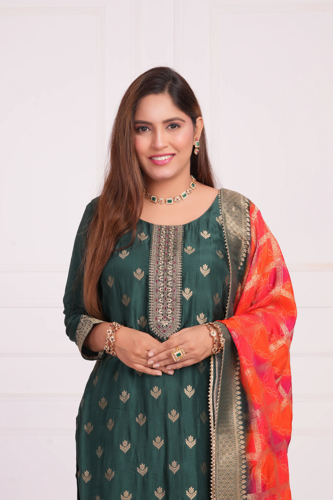 Women Ethnic Motifs and Zari Embroidered Kurta with Trouser & Banarsi Dupatta