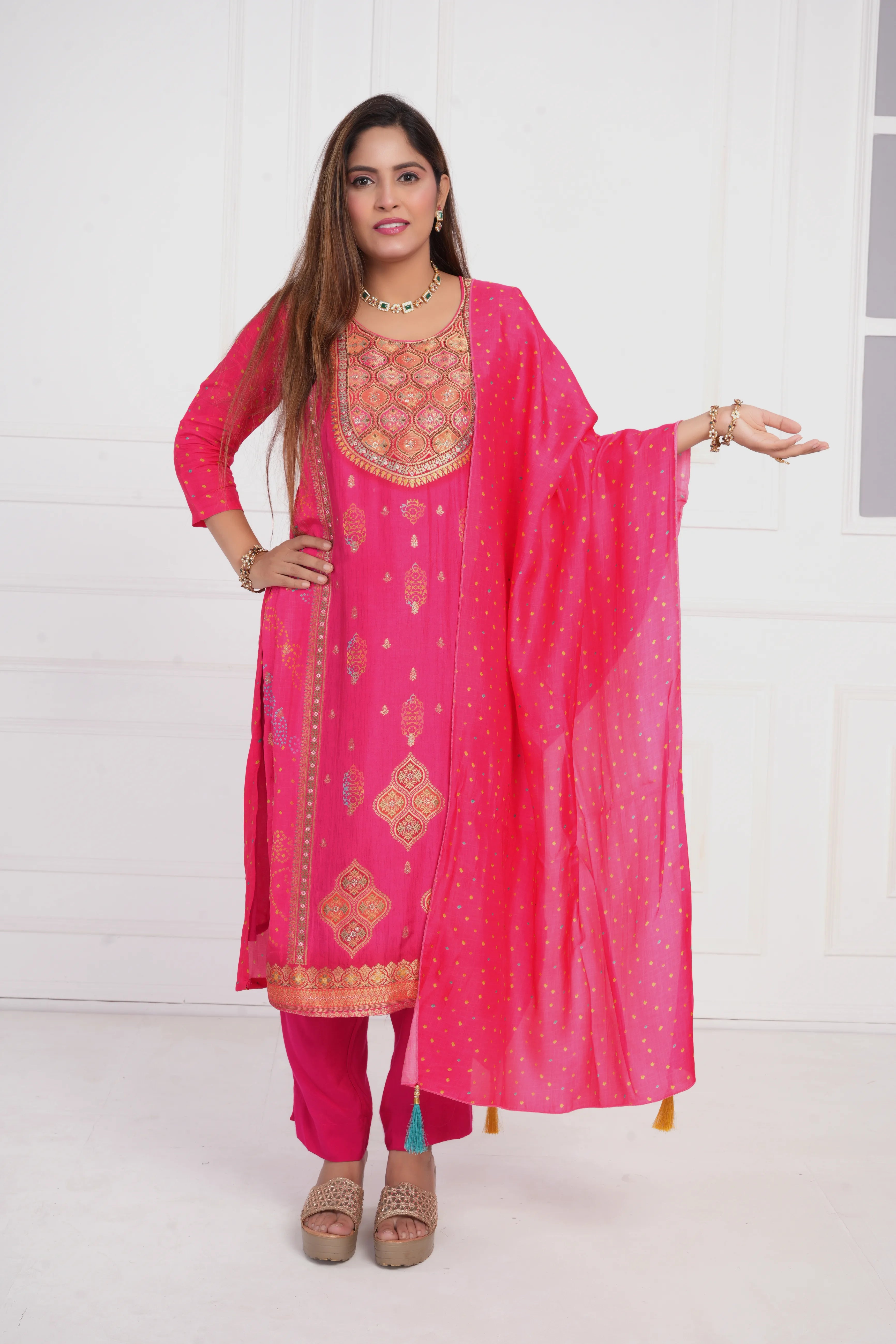 Ethnic motif zari sequinned embroidered silk kurta pant and dupatta