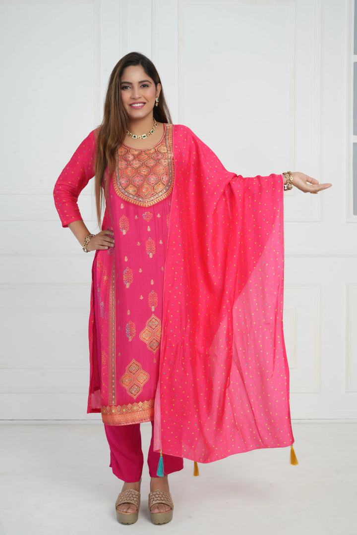 Ethnic motif zari sequinned embroidered silk kurta pant and dupatta