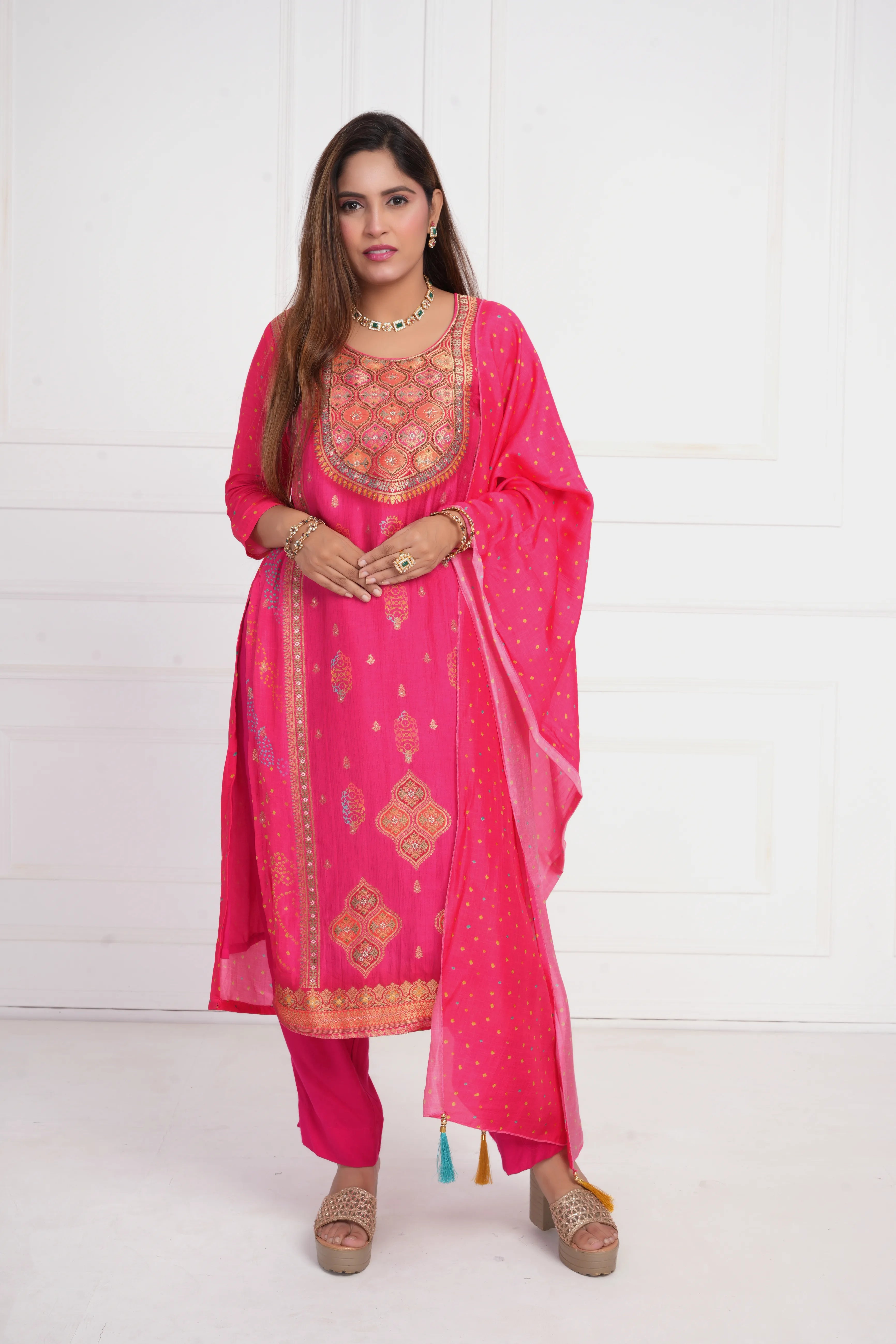 Ethnic motif zari sequinned embroidered silk kurta pant and dupatta