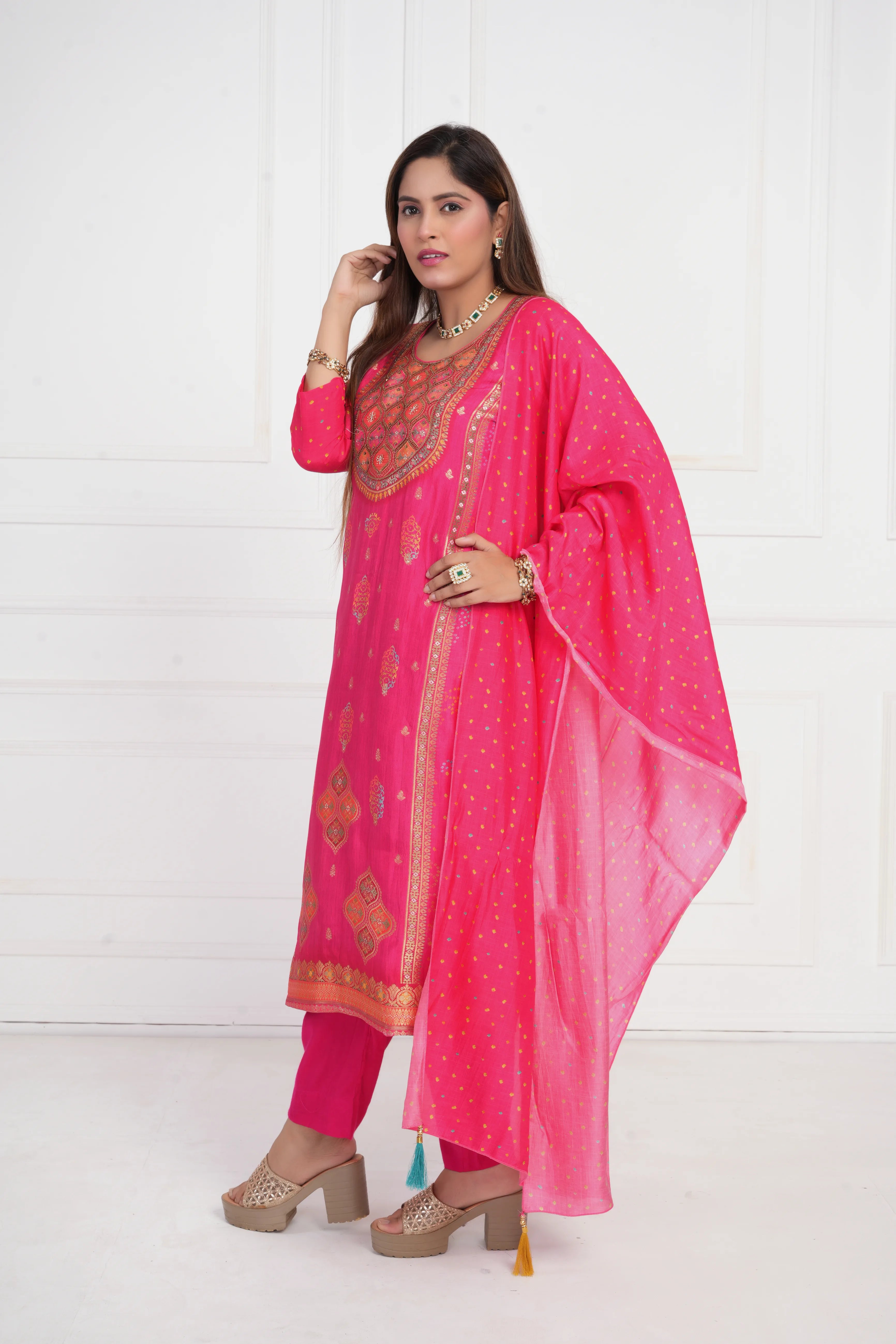 Ethnic motif zari sequinned embroidered silk kurta pant and dupatta