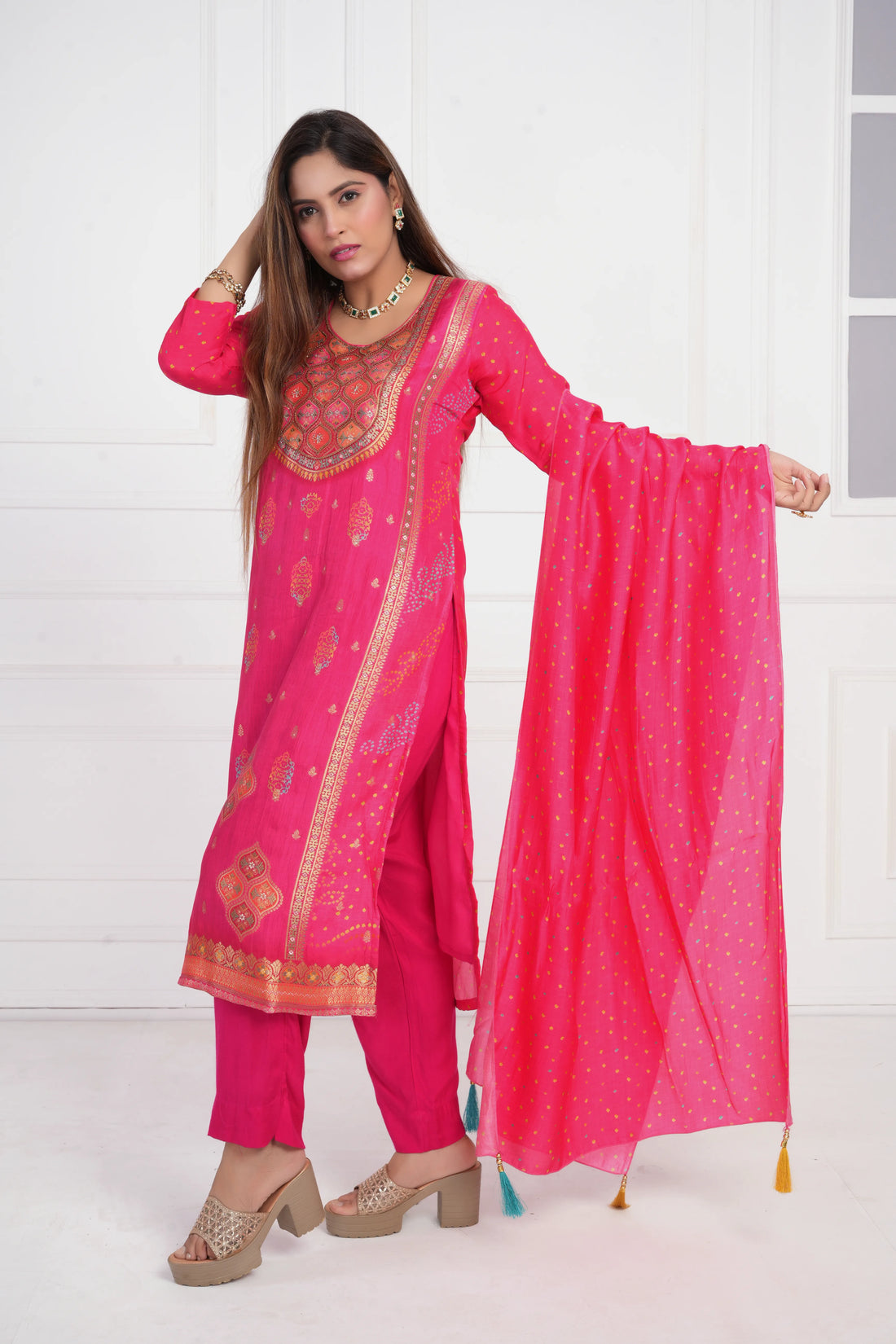 Ethnic motif zari sequinned embroidered silk kurta pant and dupatta