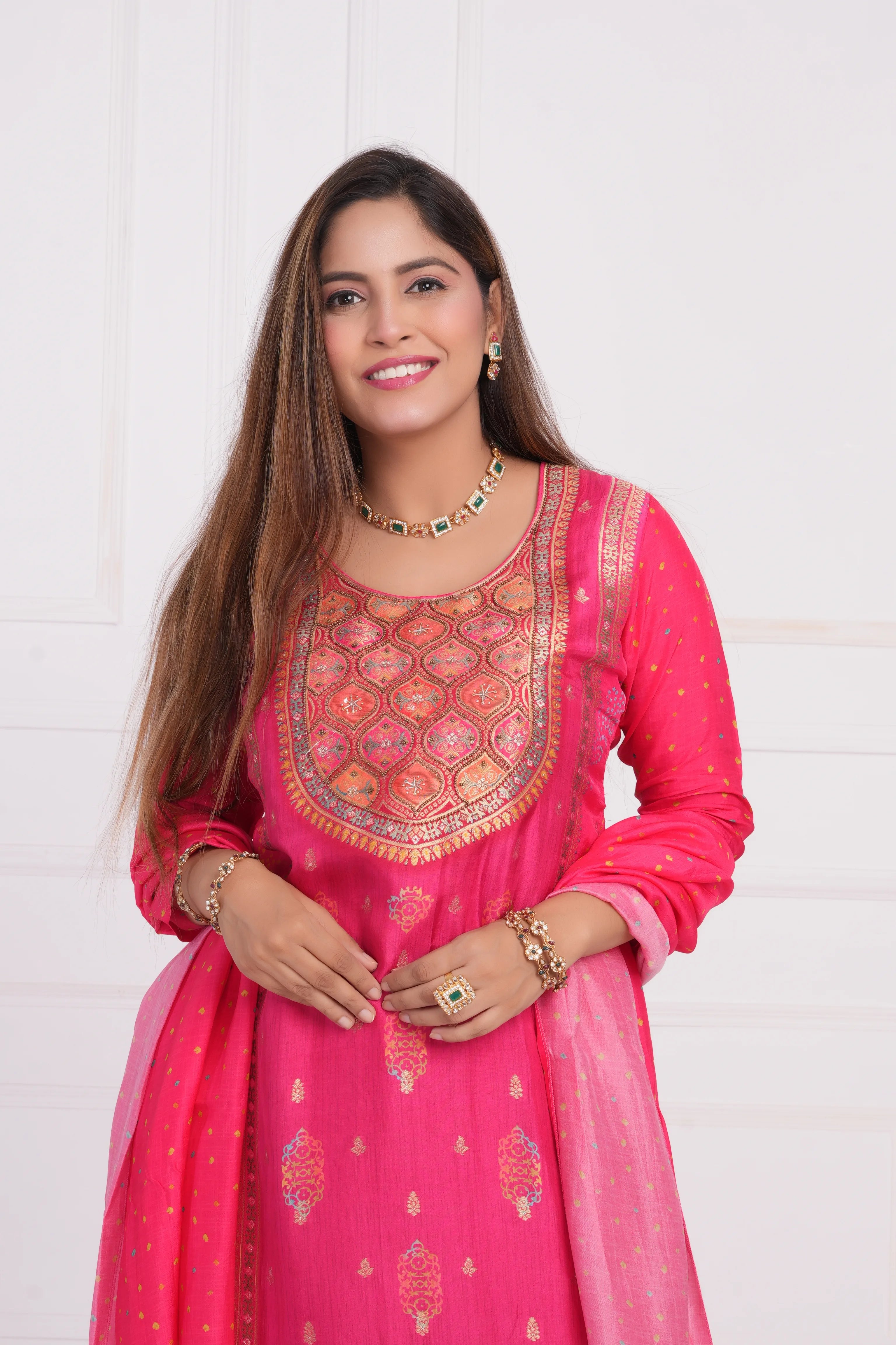 Ethnic motif zari sequinned embroidered silk kurta pant and dupatta