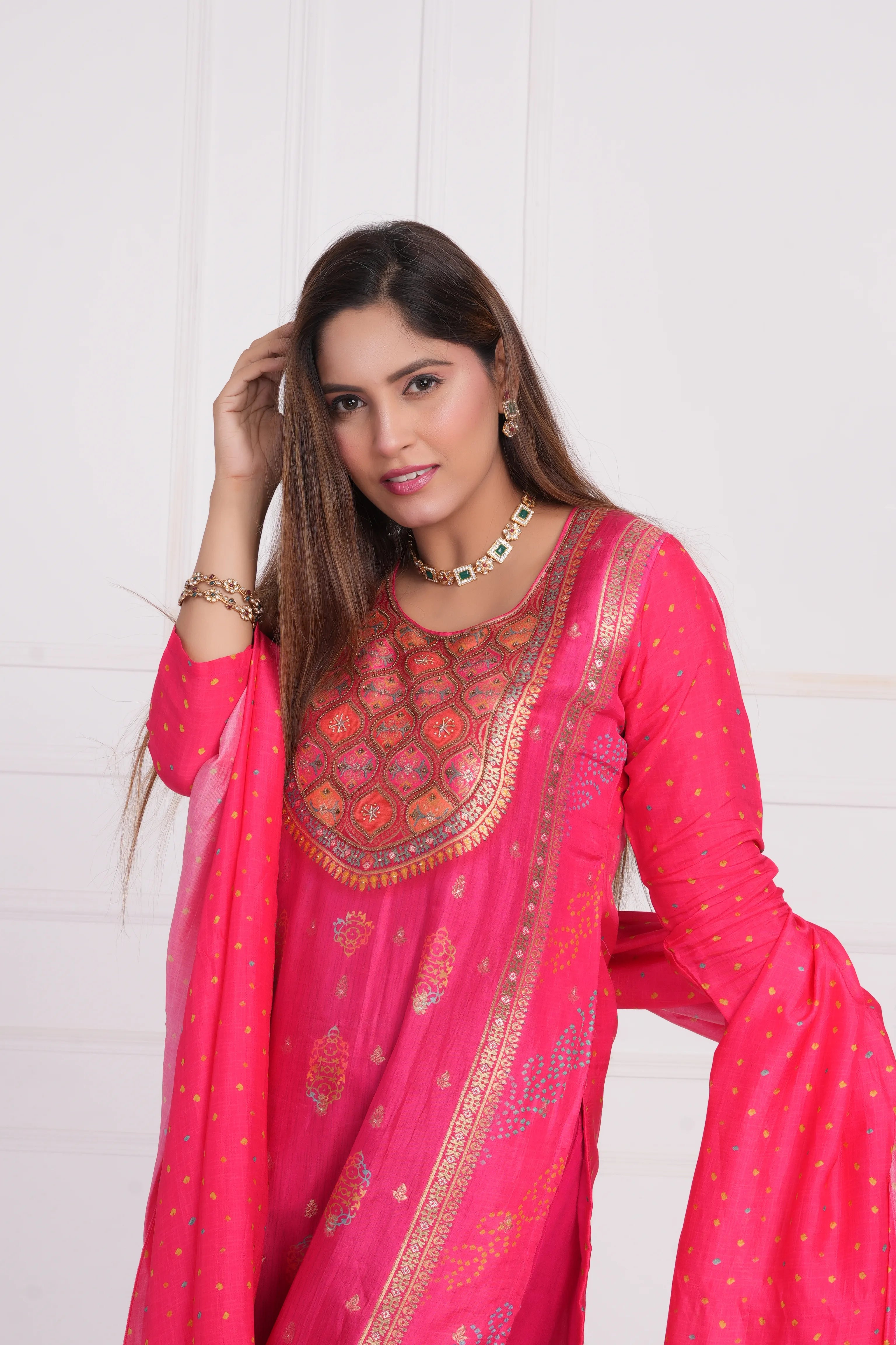 Ethnic motif zari sequinned embroidered silk kurta pant and dupatta