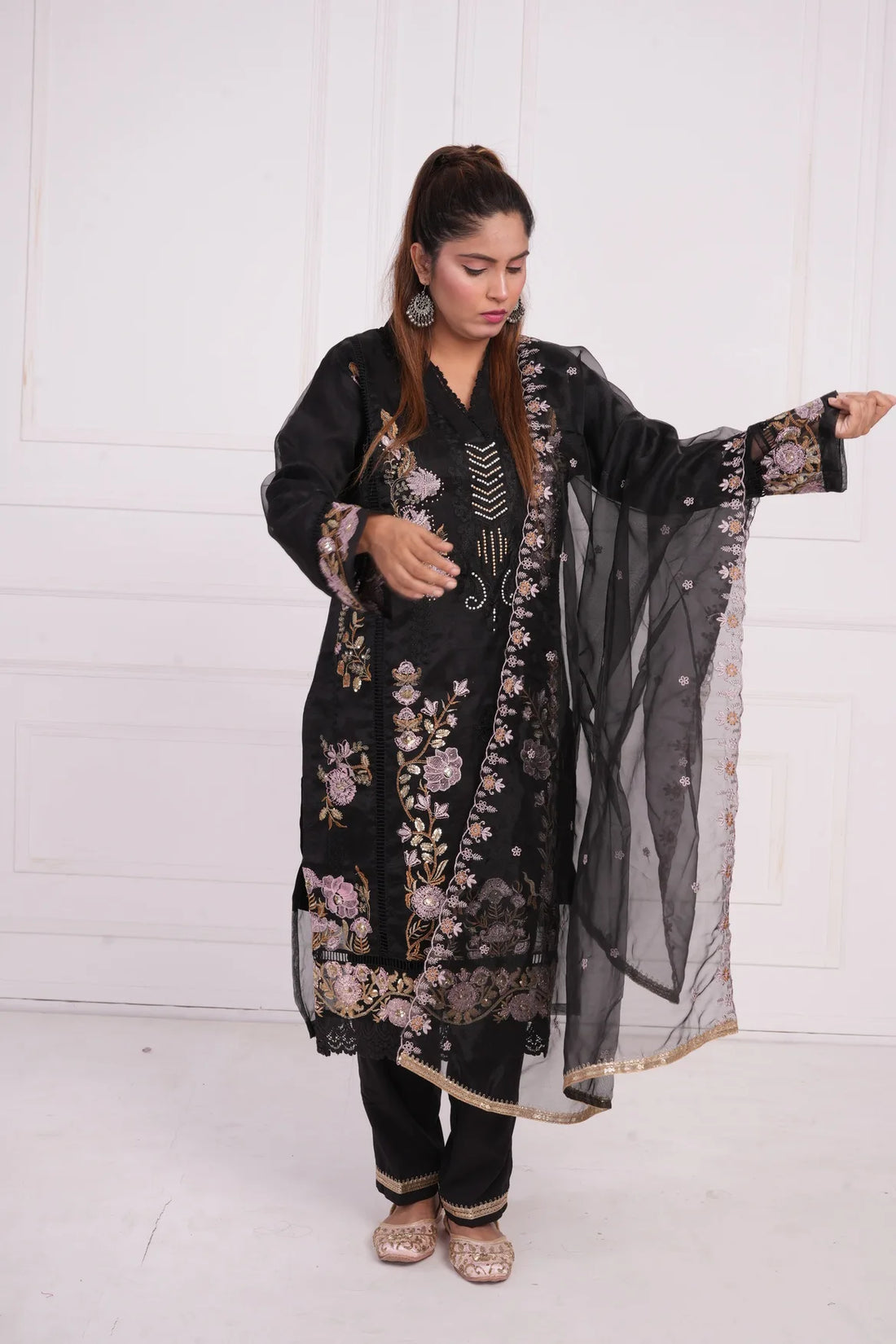 Ethnic motif zari sequinned embroidered silk kurta pant and dupatta