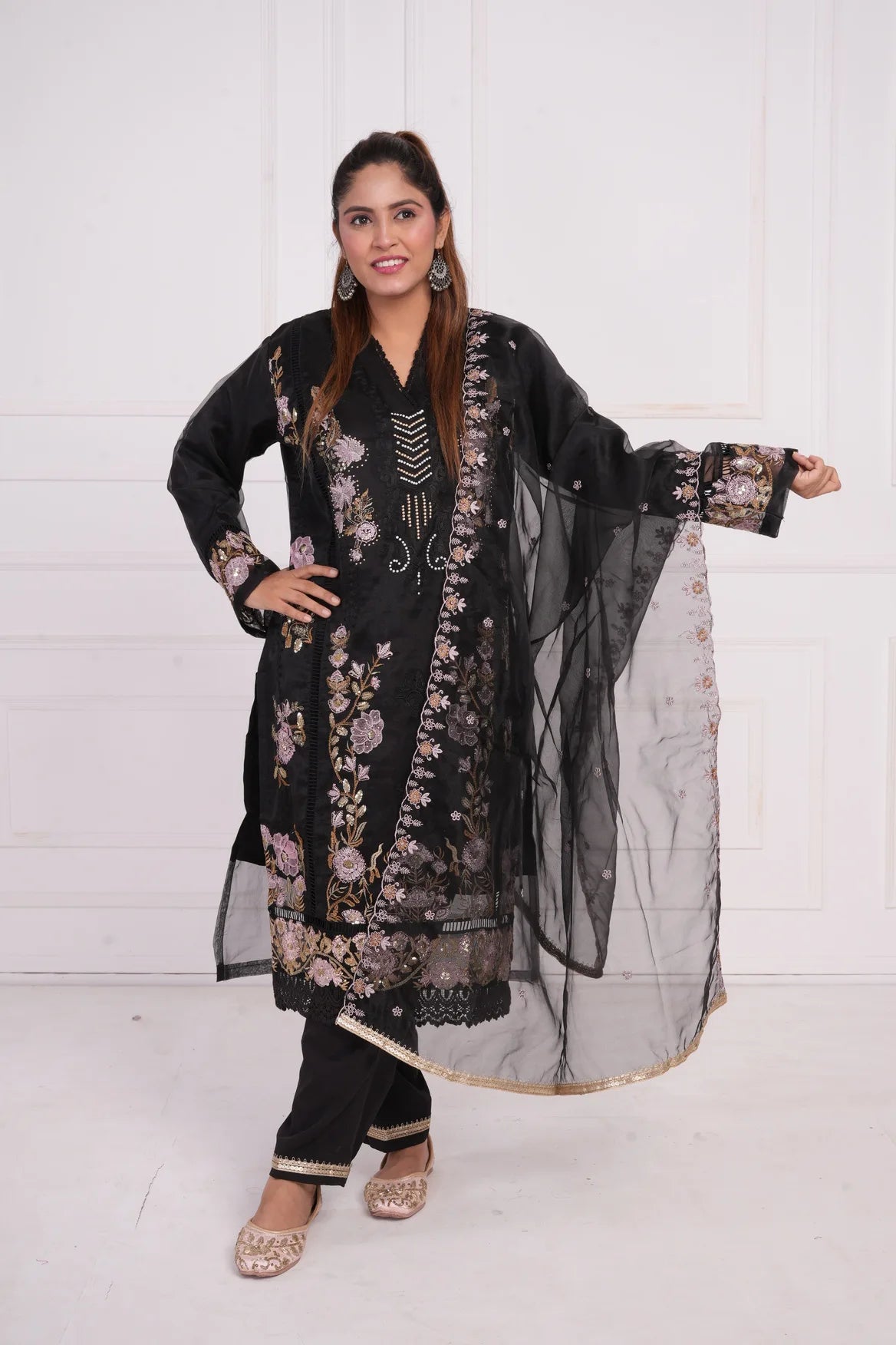 Ethnic motif zari sequinned embroidered silk kurta pant and dupatta