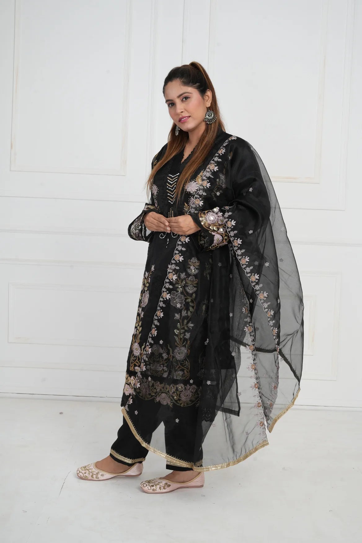 Ethnic motif zari sequinned embroidered silk kurta pant and dupatta