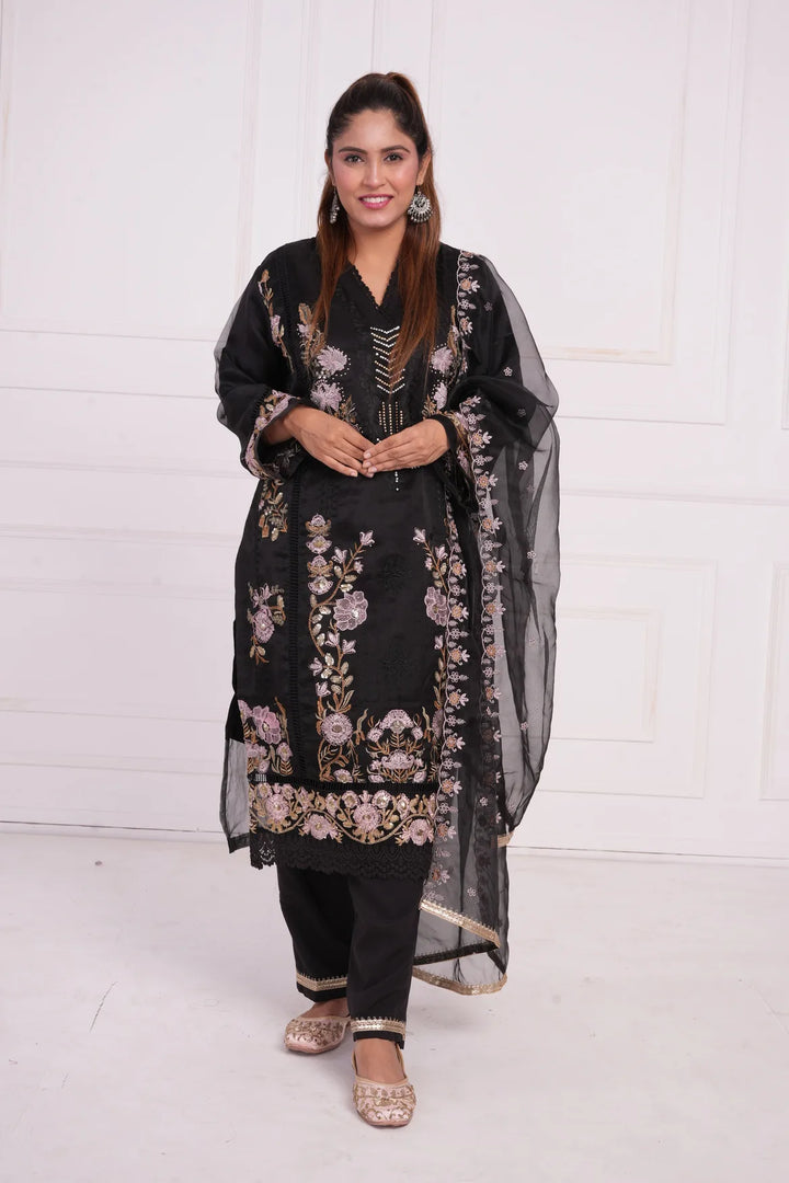 Ethnic motif zari sequinned embroidered silk kurta pant and dupatta