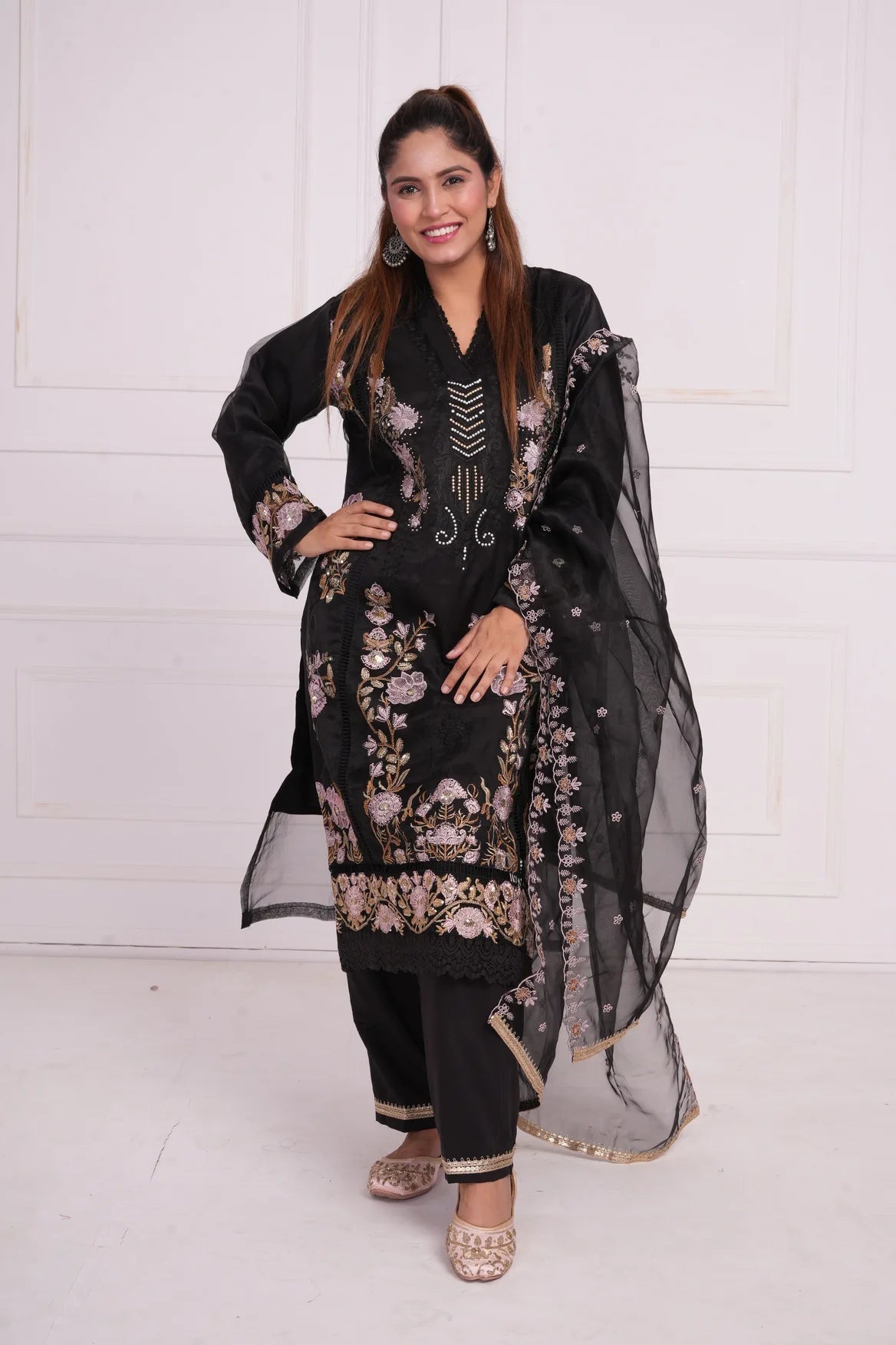 Ethnic motif zari sequinned embroidered silk kurta pant and dupatta
