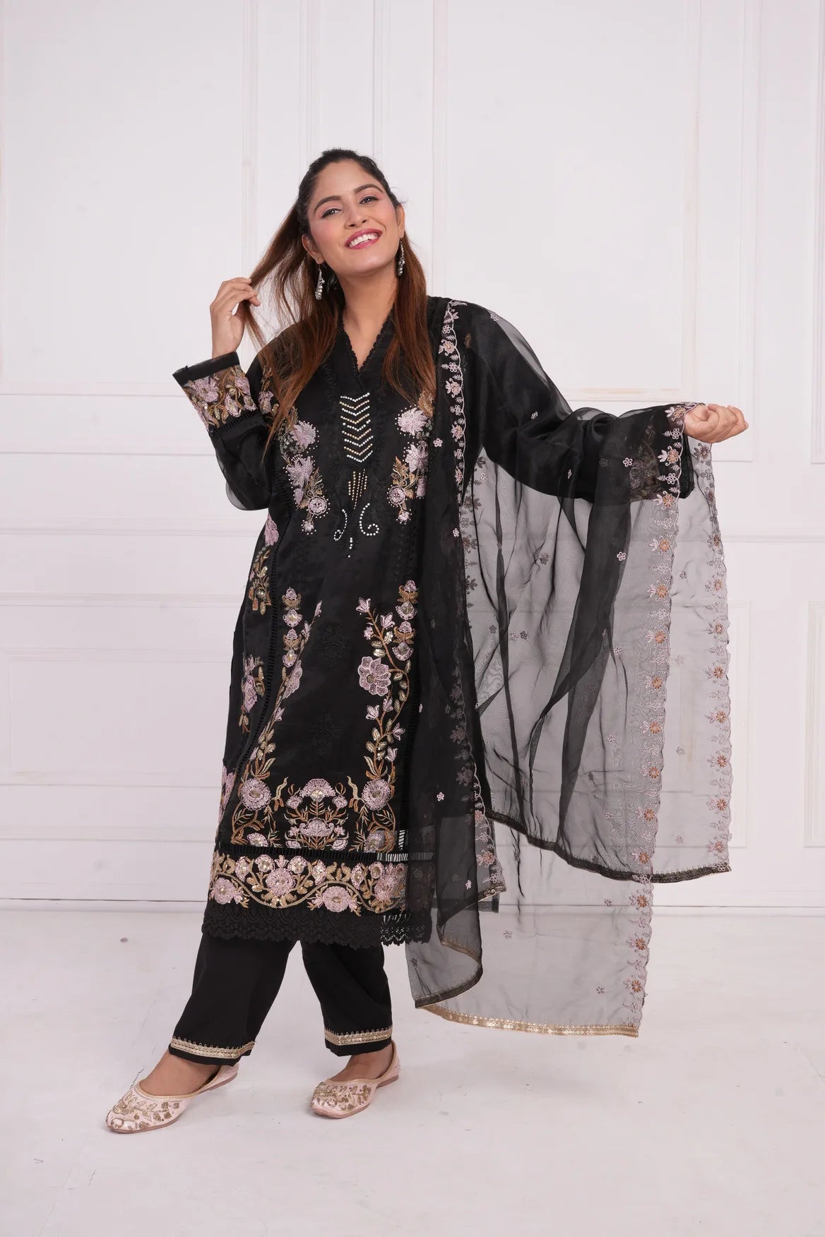 Ethnic motif zari sequinned embroidered silk kurta pant and dupatta