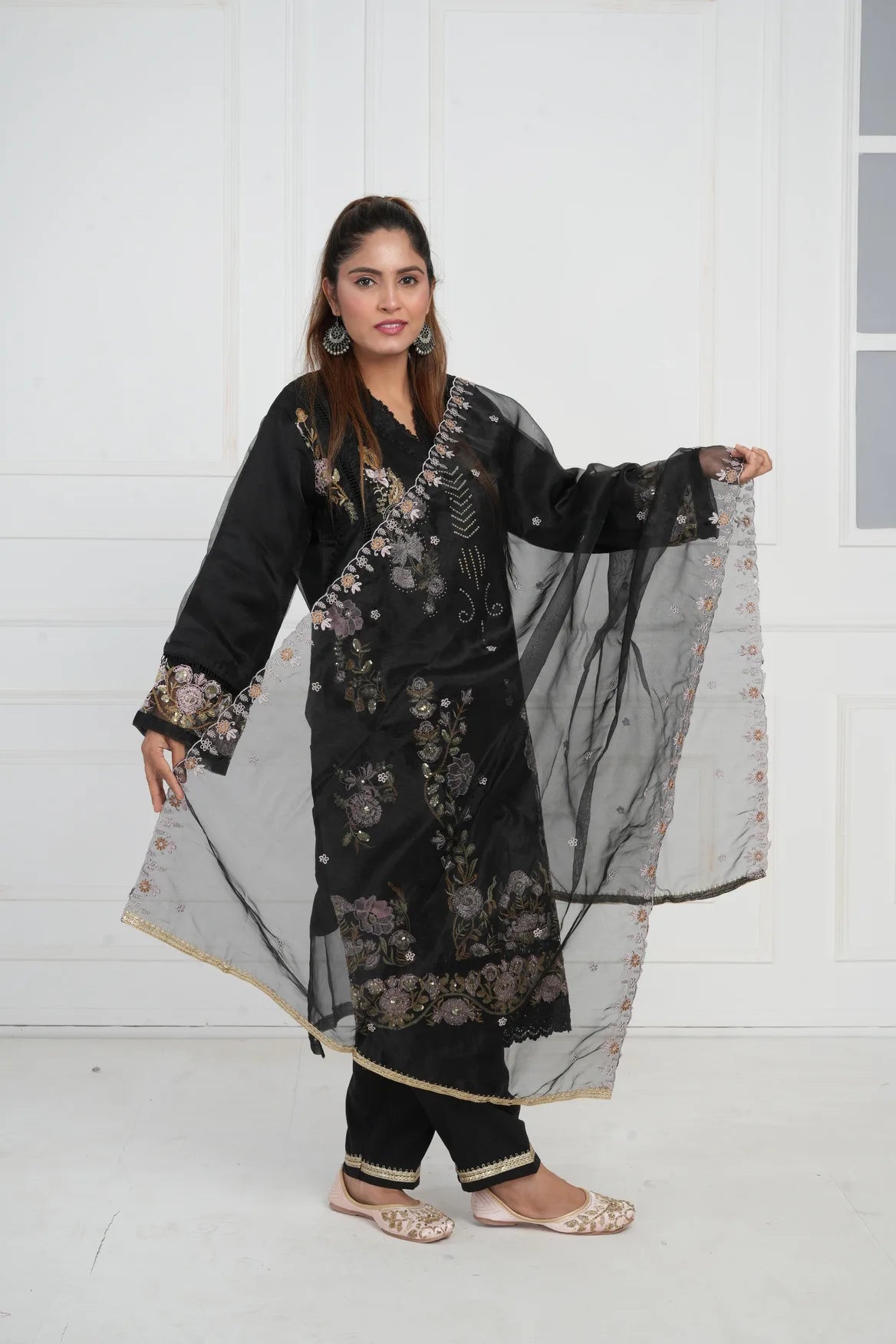 Ethnic motif zari sequinned embroidered silk kurta pant and dupatta