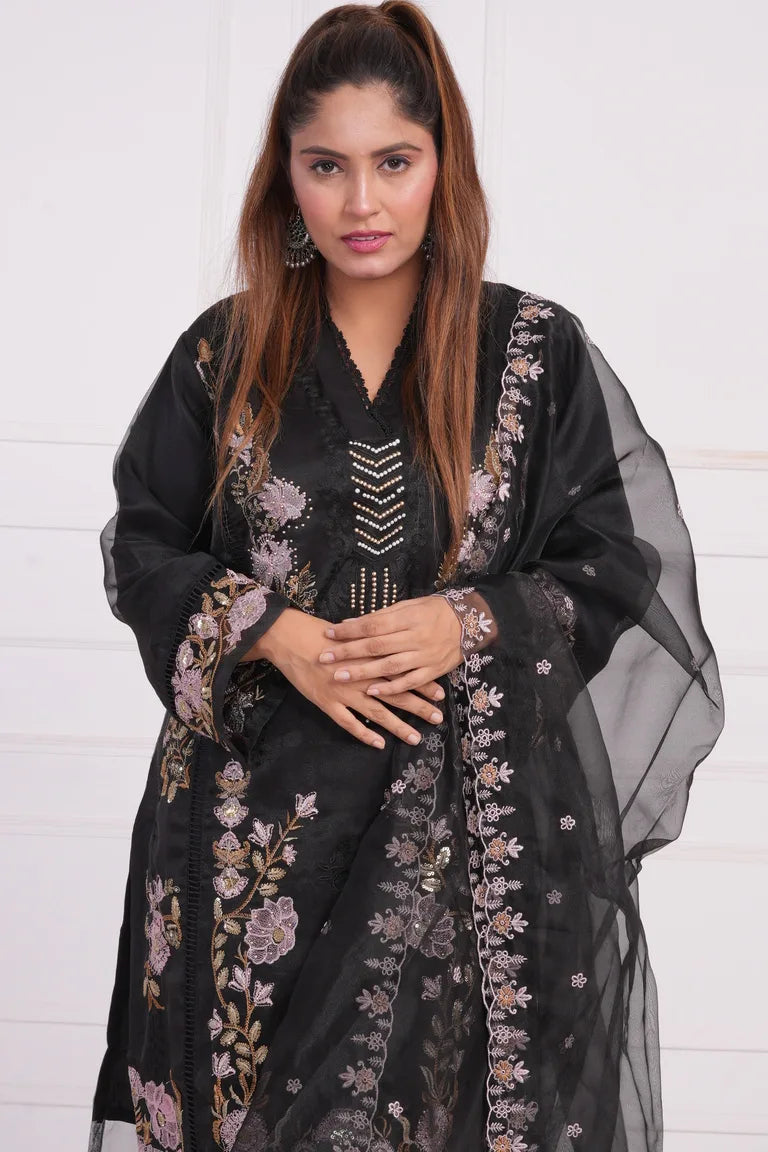 Ethnic motif zari sequinned embroidered silk kurta pant and dupatta