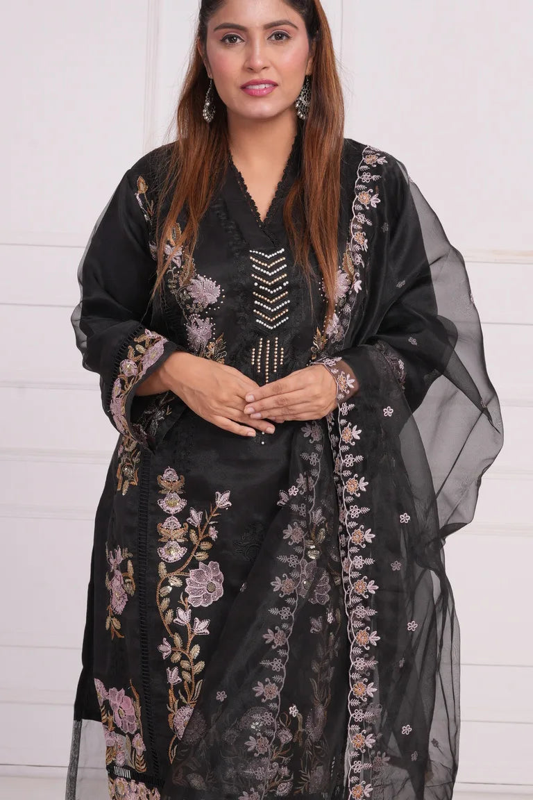 Ethnic motif zari sequinned embroidered silk kurta pant and dupatta