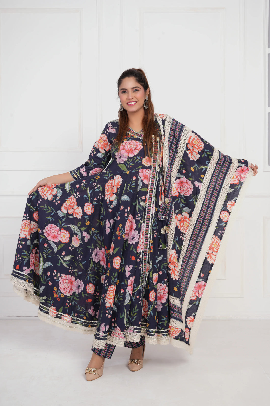 Women Blue Printed with Gota work Anarkali Pure  Cotton Kurta with Trouser and Dupatta