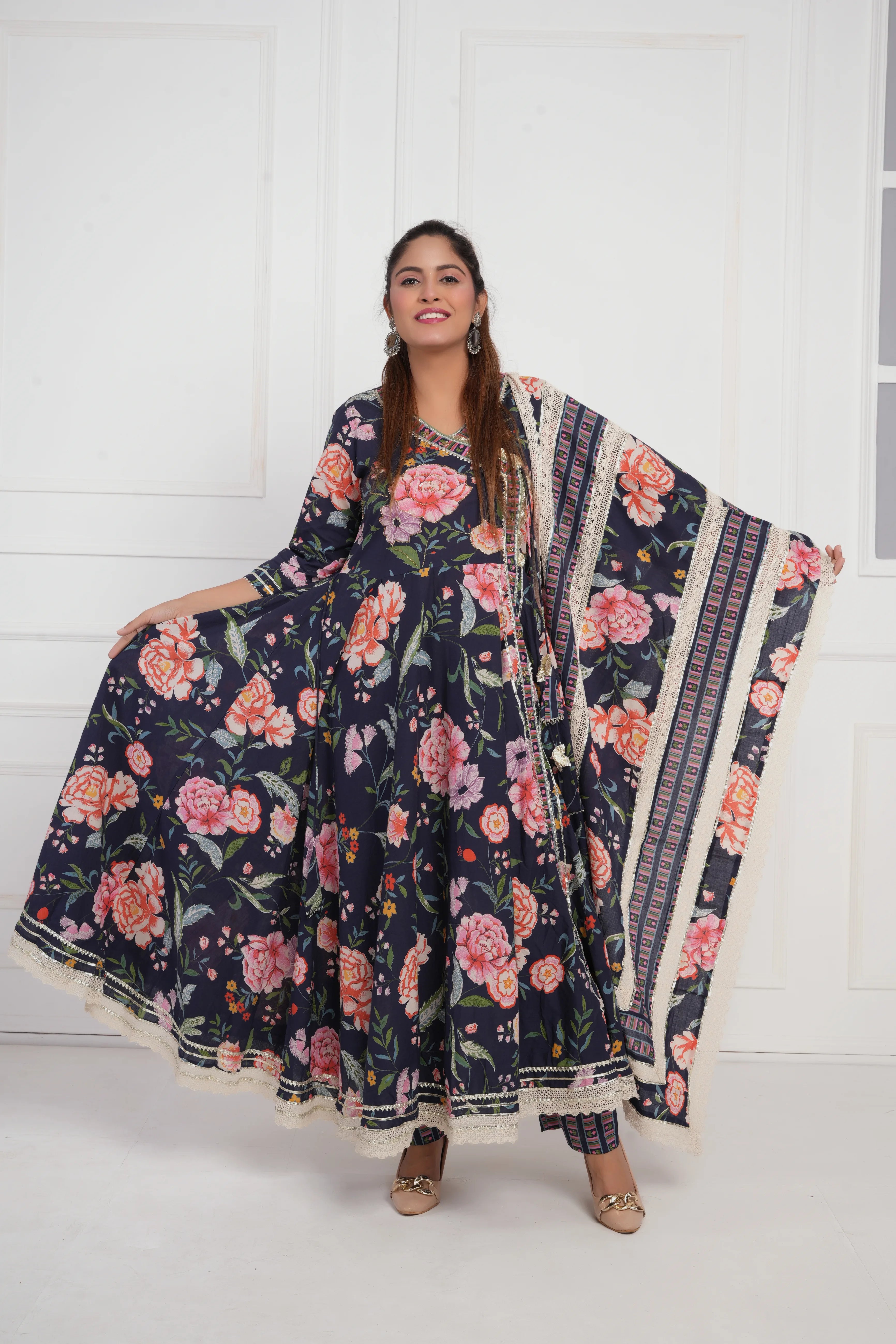 Women Blue Printed with Gota work Anarkali Pure  Cotton Kurta with Trouser and Dupatta