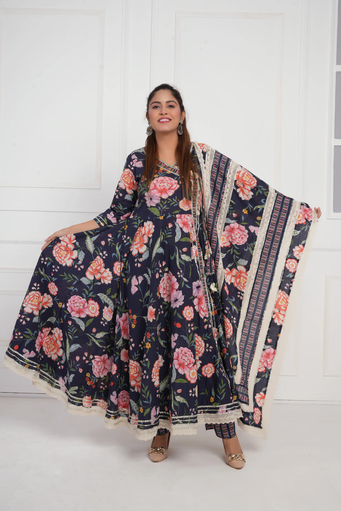 Women Blue Printed with Gota work Anarkali Pure  Cotton Kurta with Trouser and Dupatta