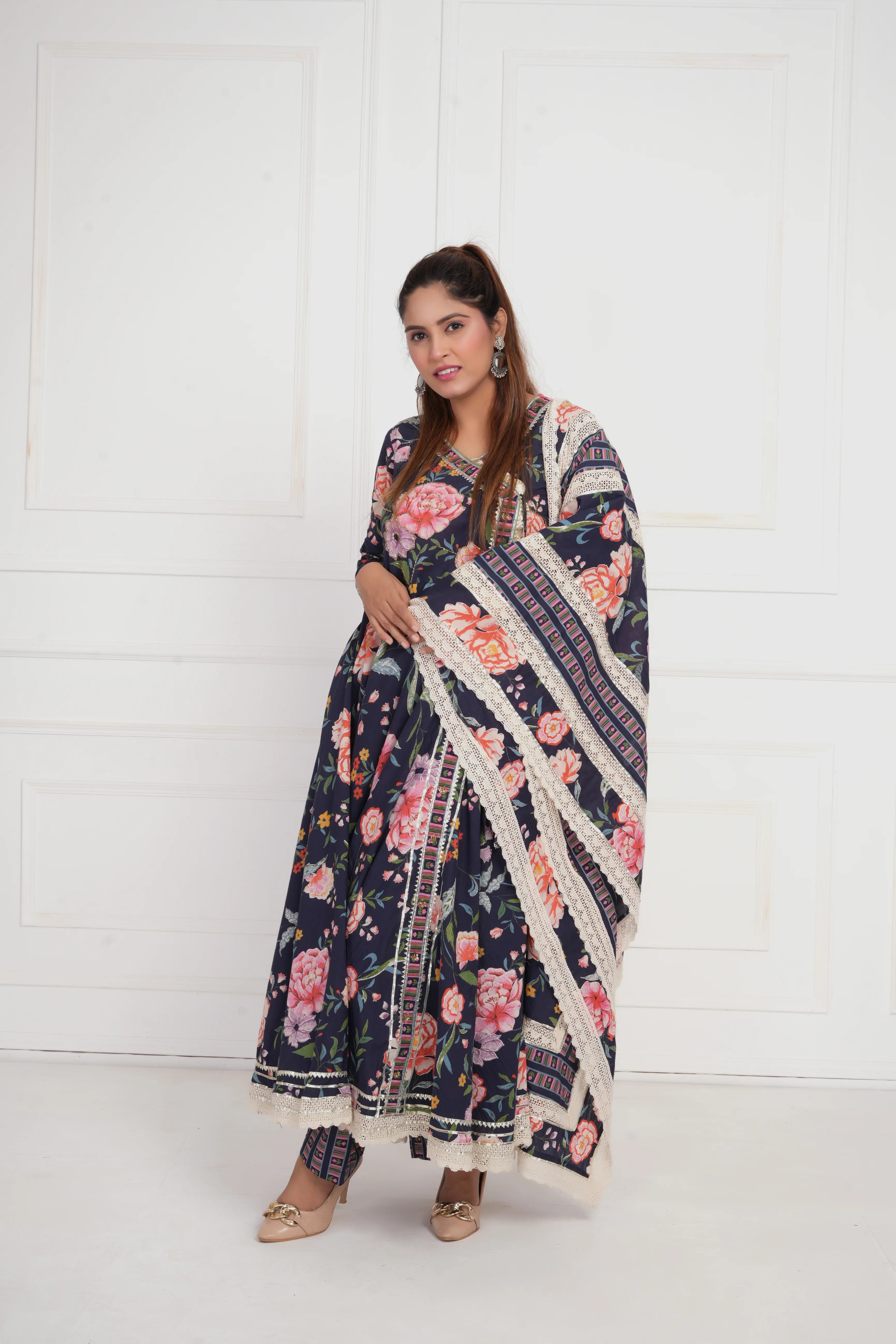 Women Blue Printed with Gota work Anarkali Pure  Cotton Kurta with Trouser and Dupatta