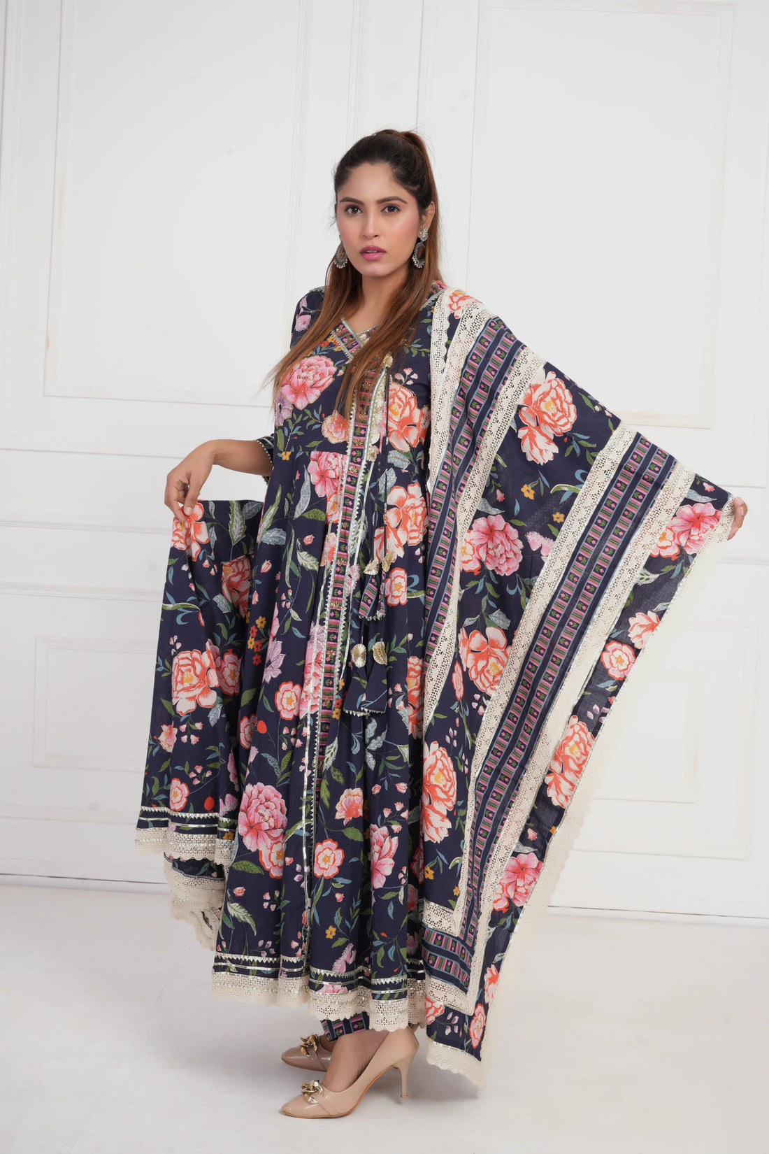 Women Blue Printed with Gota work Anarkali Pure  Cotton Kurta with Trouser and Dupatta