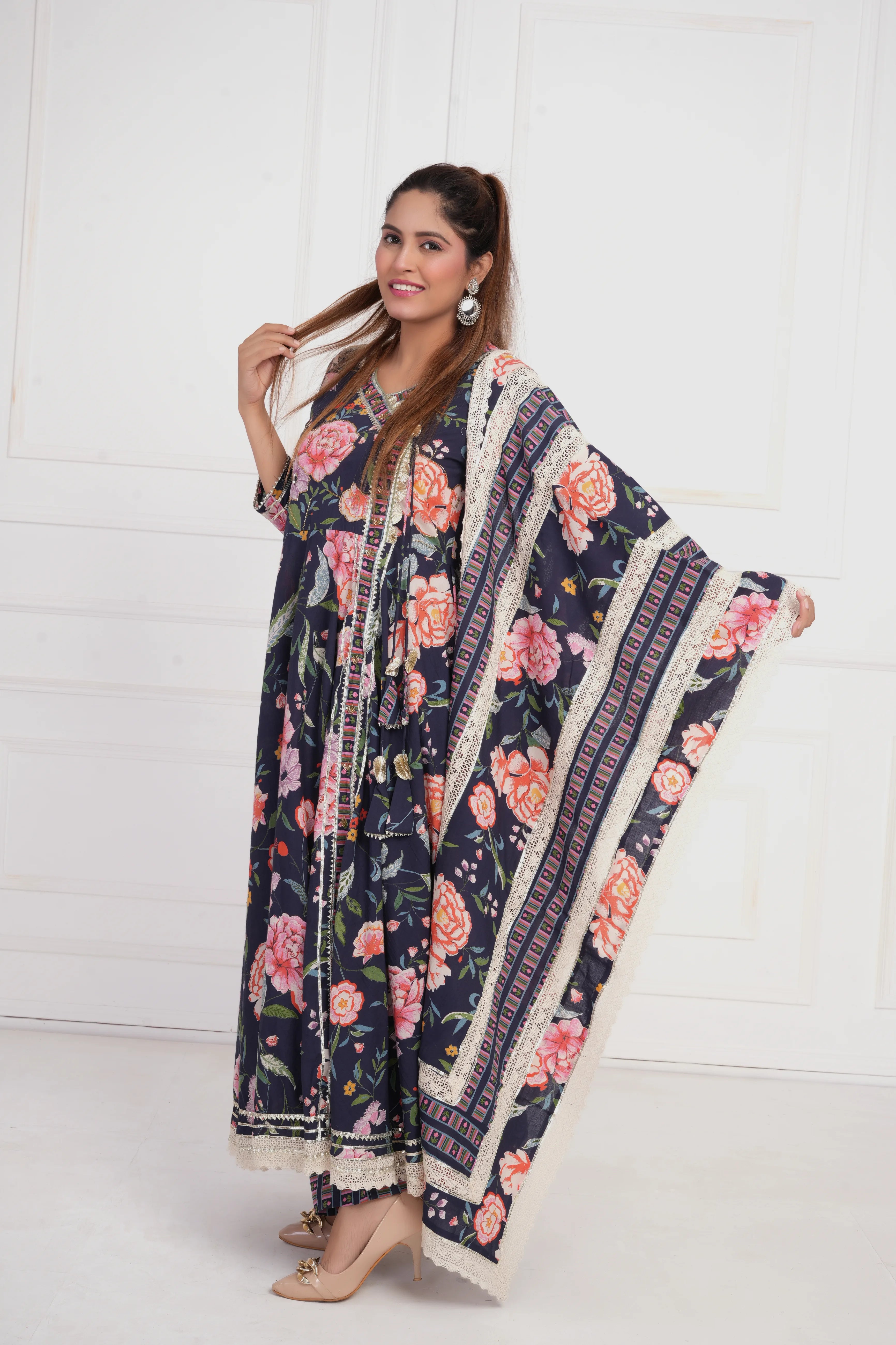 Women Blue Printed with Gota work Anarkali Pure  Cotton Kurta with Trouser and Dupatta