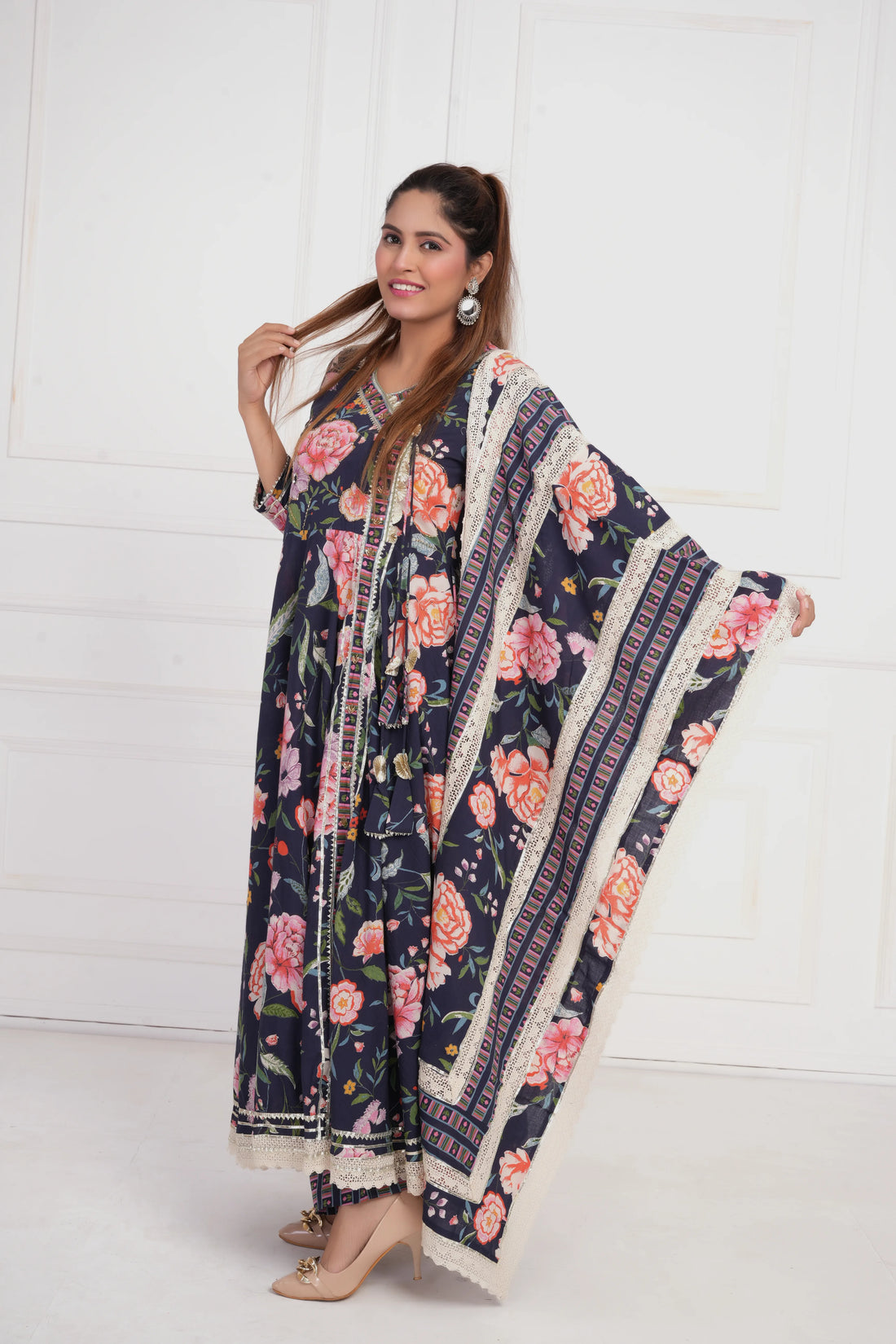 Women Blue Printed with Gota work Anarkali Pure  Cotton Kurta with Trouser and Dupatta