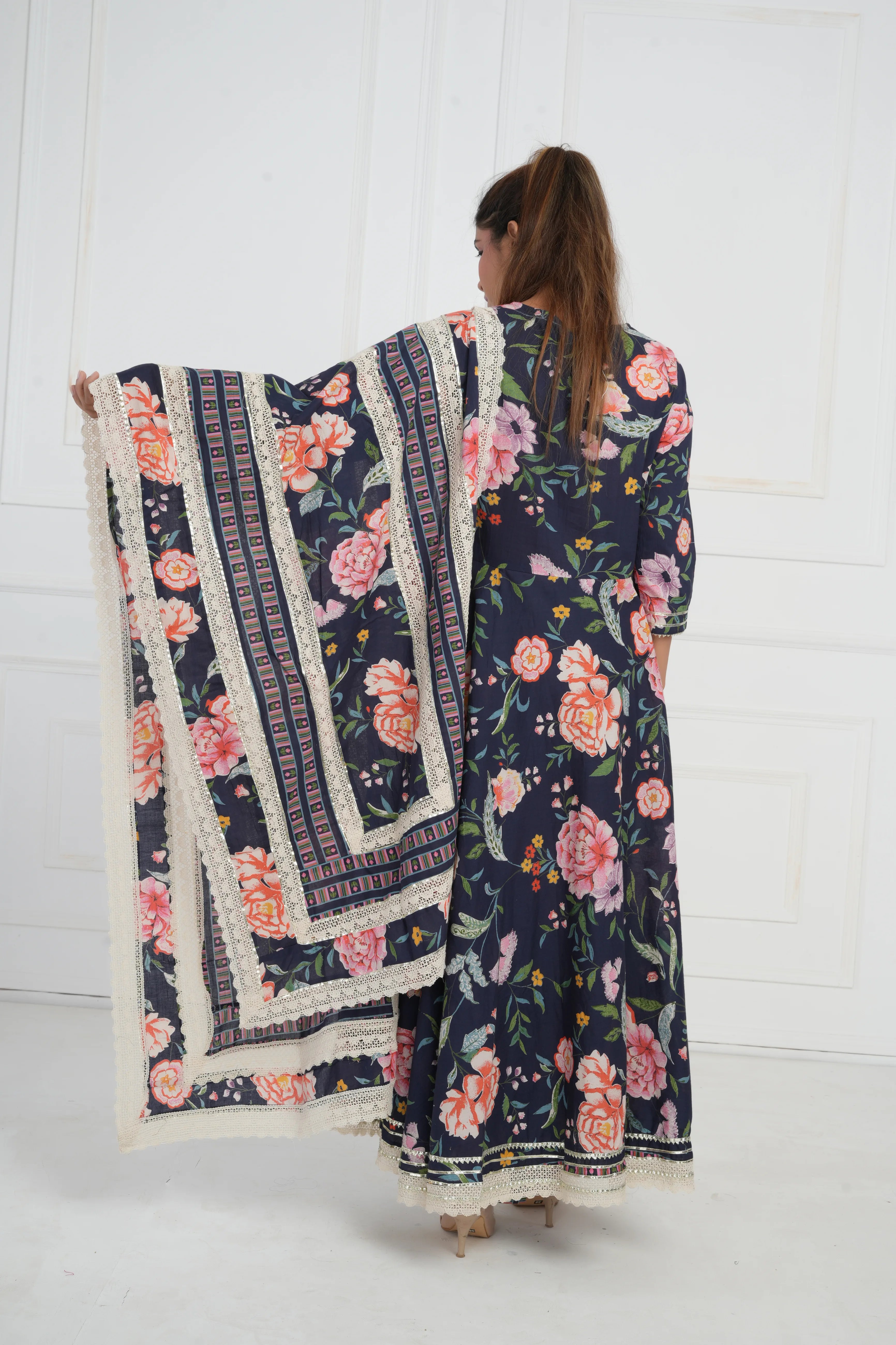 Women Blue Printed with Gota work Anarkali Pure  Cotton Kurta with Trouser and Dupatta
