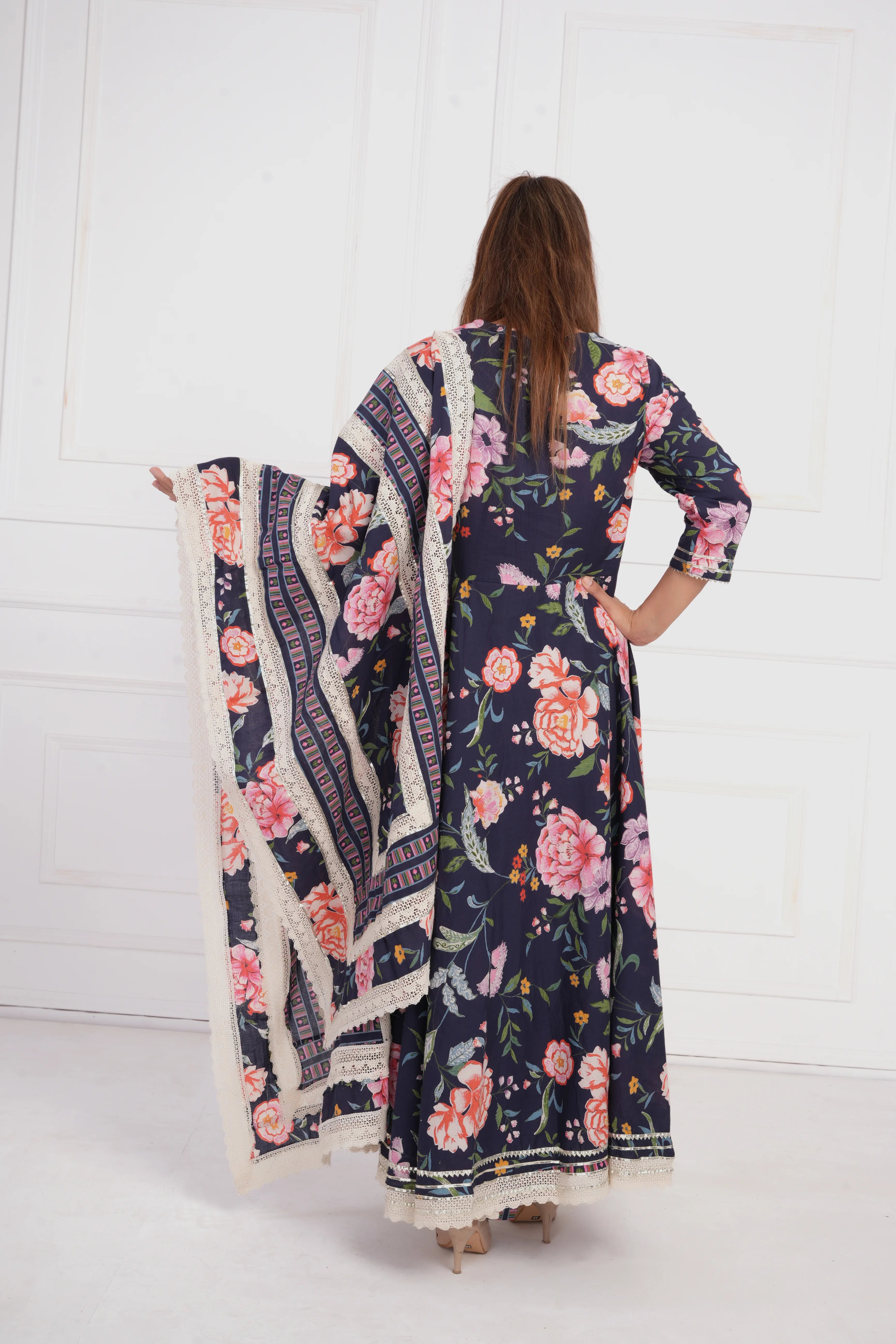 Women Blue Printed with Gota work Anarkali Pure  Cotton Kurta with Trouser and Dupatta