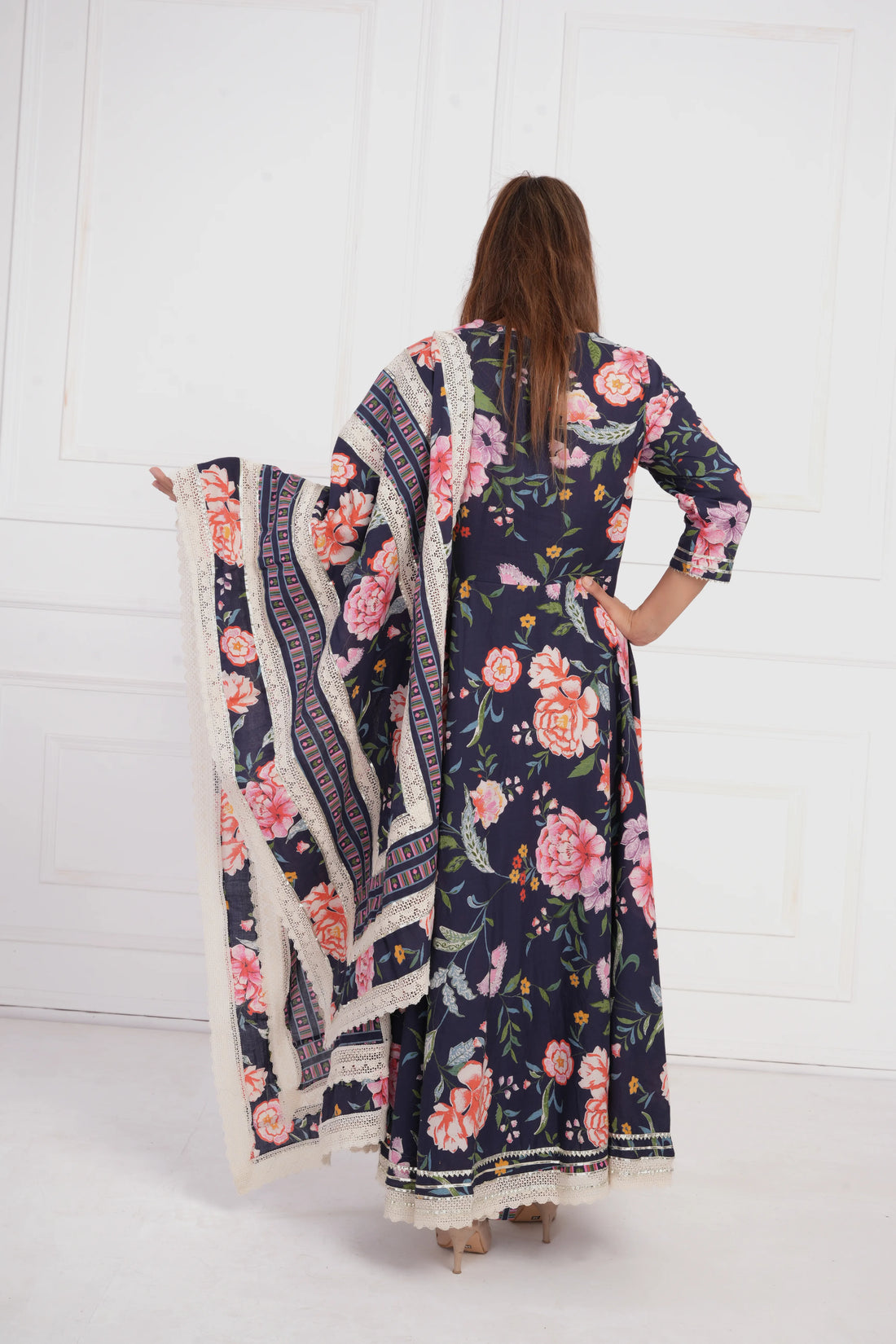 Women Blue Printed with Gota work Anarkali Pure  Cotton Kurta with Trouser and Dupatta
