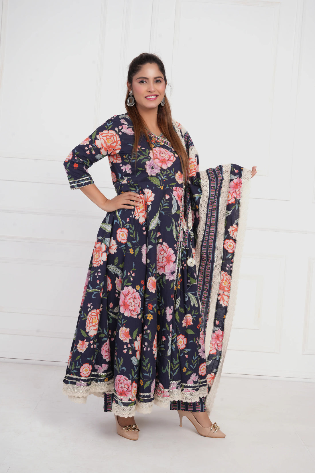 Women Blue Printed with Gota work Anarkali Pure  Cotton Kurta with Trouser and Dupatta
