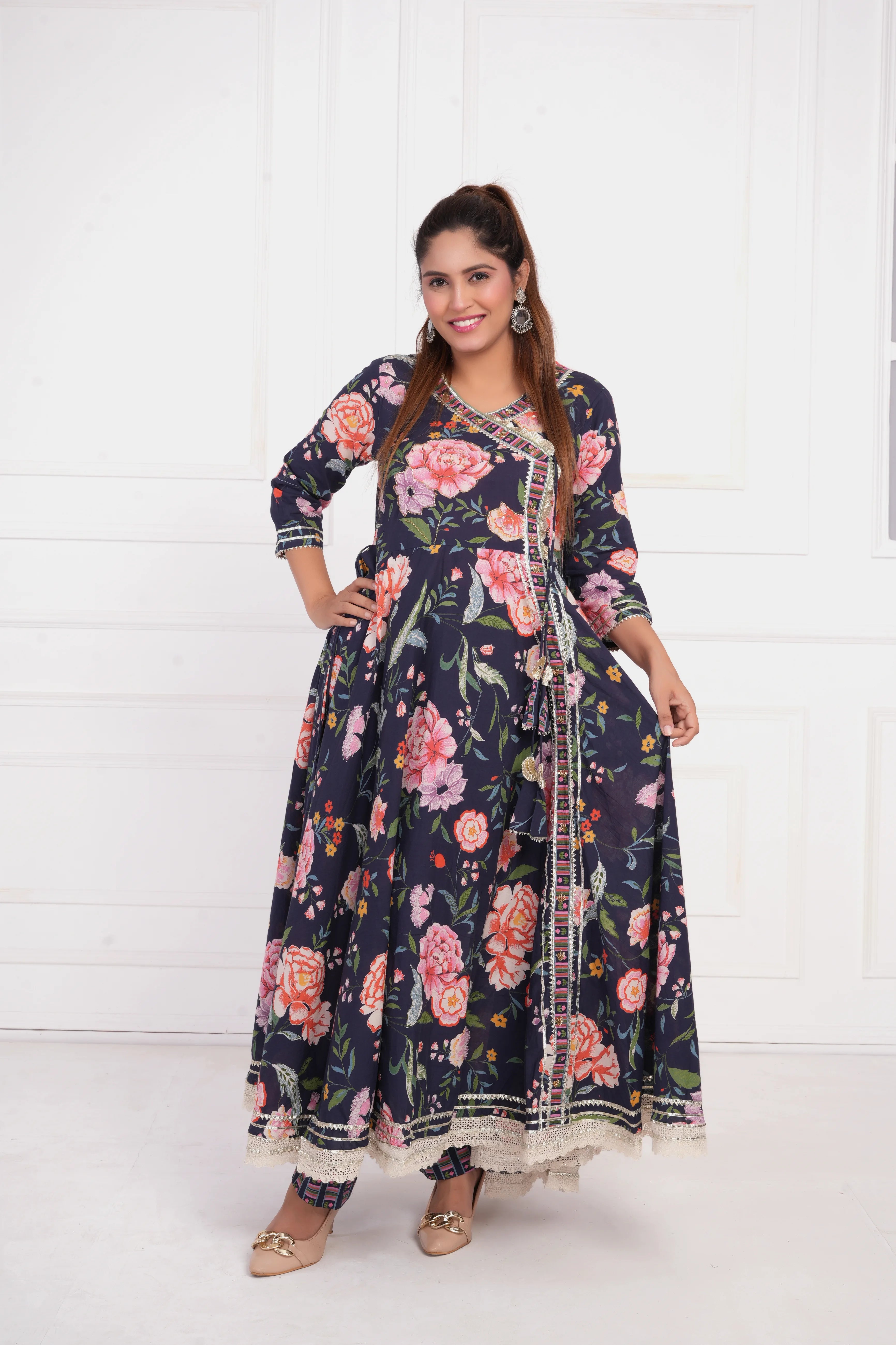 Women Blue Printed with Gota work Anarkali Pure  Cotton Kurta with Trouser and Dupatta