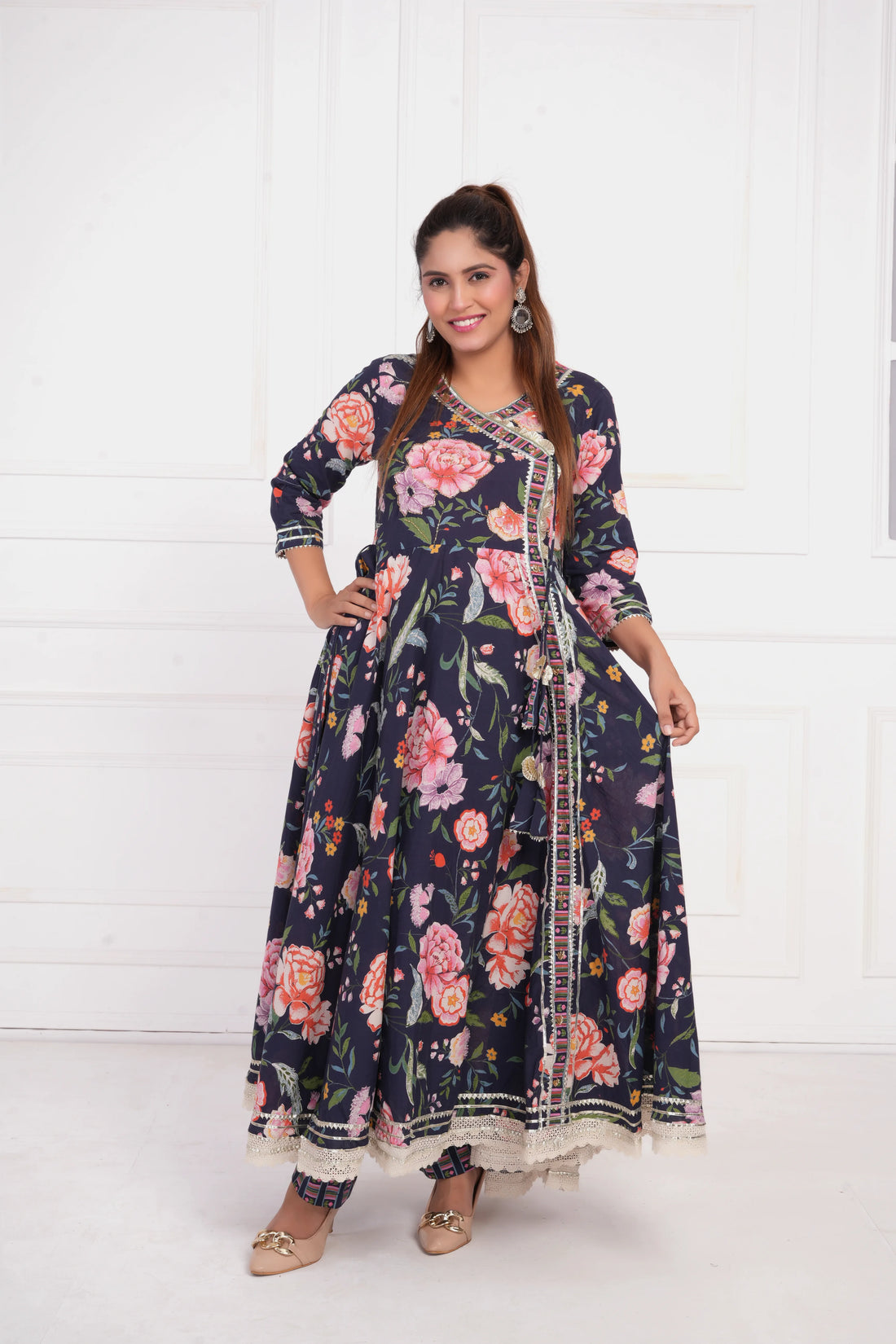 Women Blue Printed with Gota work Anarkali Pure  Cotton Kurta with Trouser and Dupatta
