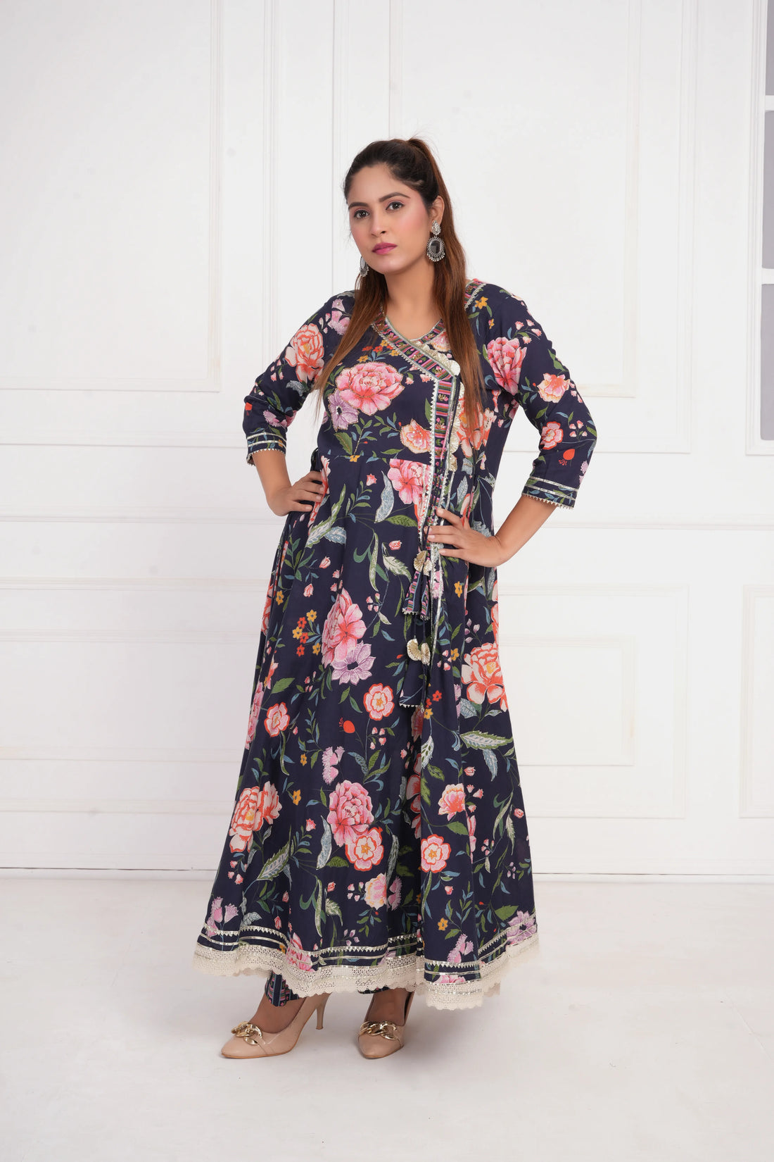 Women Blue Printed with Gota work Anarkali Pure  Cotton Kurta with Trouser and Dupatta