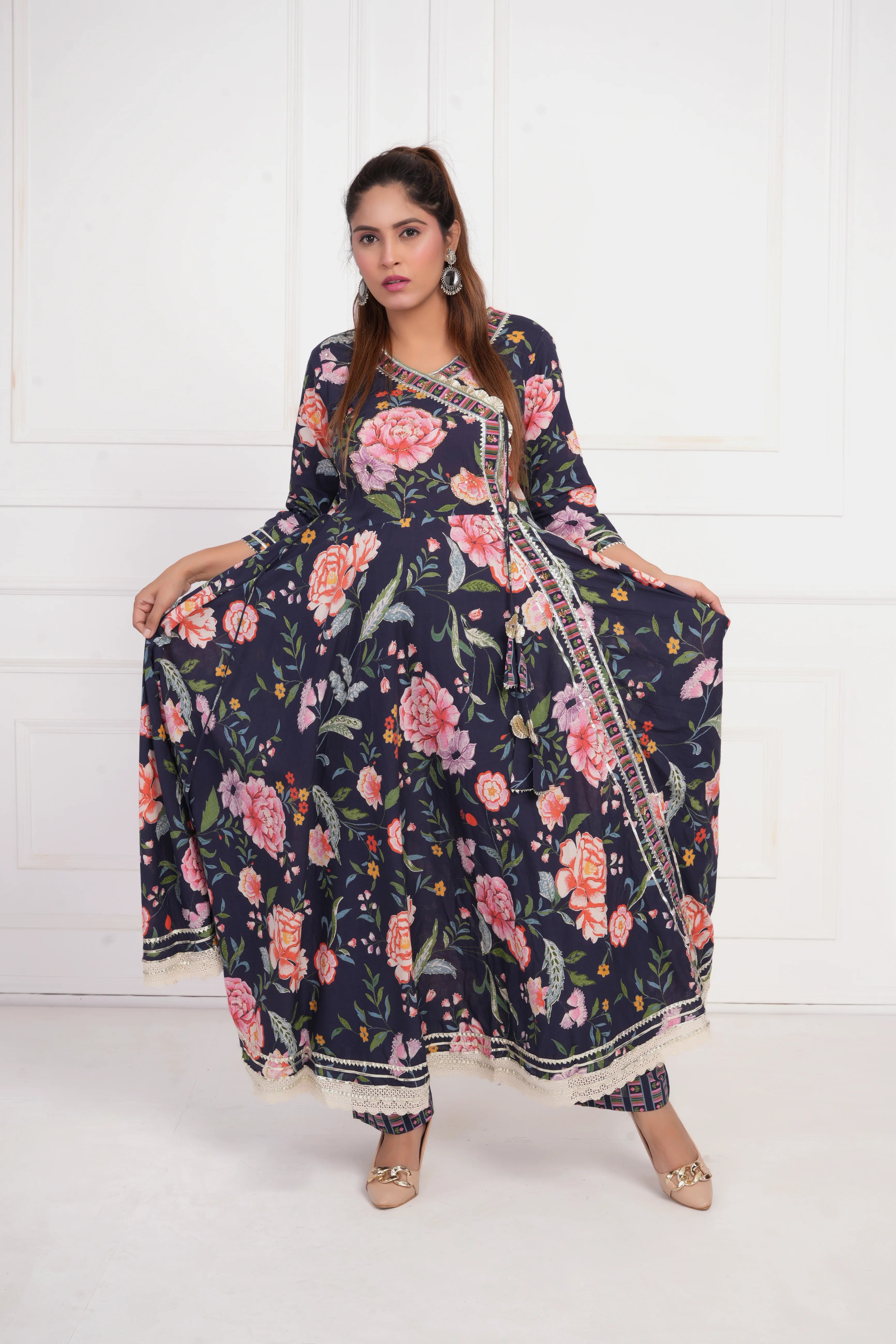 Women Blue Printed with Gota work Anarkali Pure  Cotton Kurta with Trouser and Dupatta
