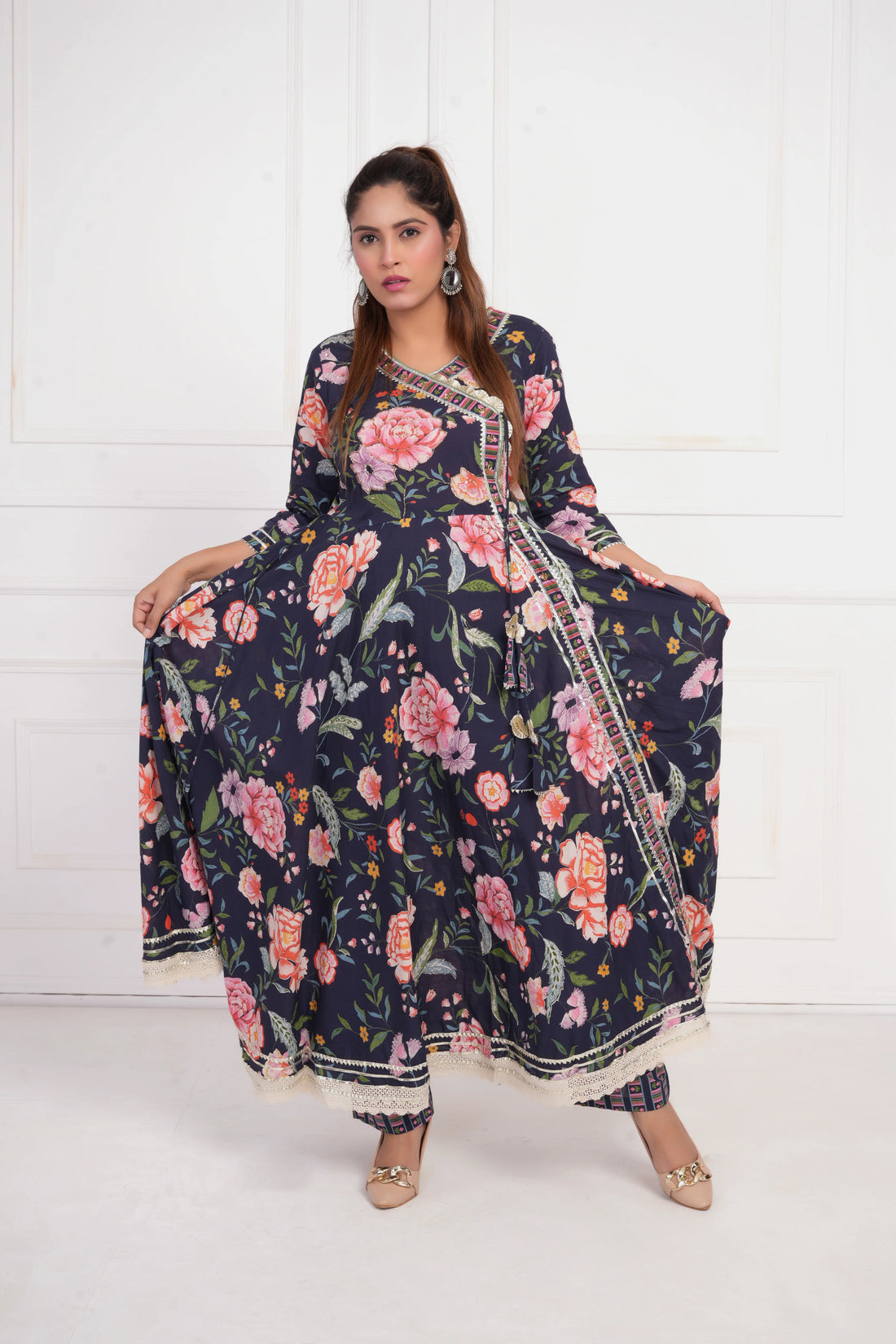 Women Blue Printed with Gota work Anarkali Pure  Cotton Kurta with Trouser and Dupatta