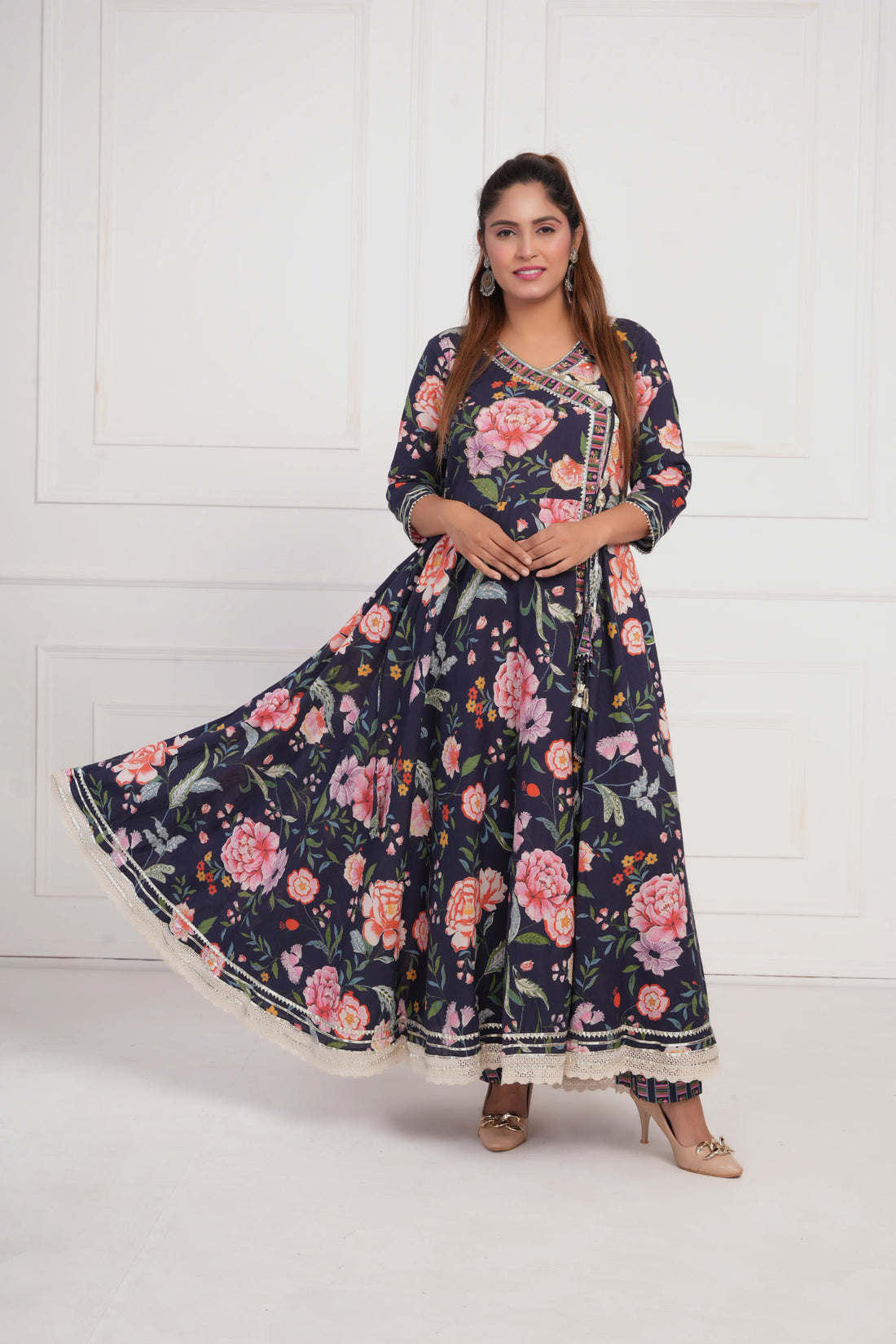 Women Blue Printed with Gota work Anarkali Pure  Cotton Kurta with Trouser and Dupatta