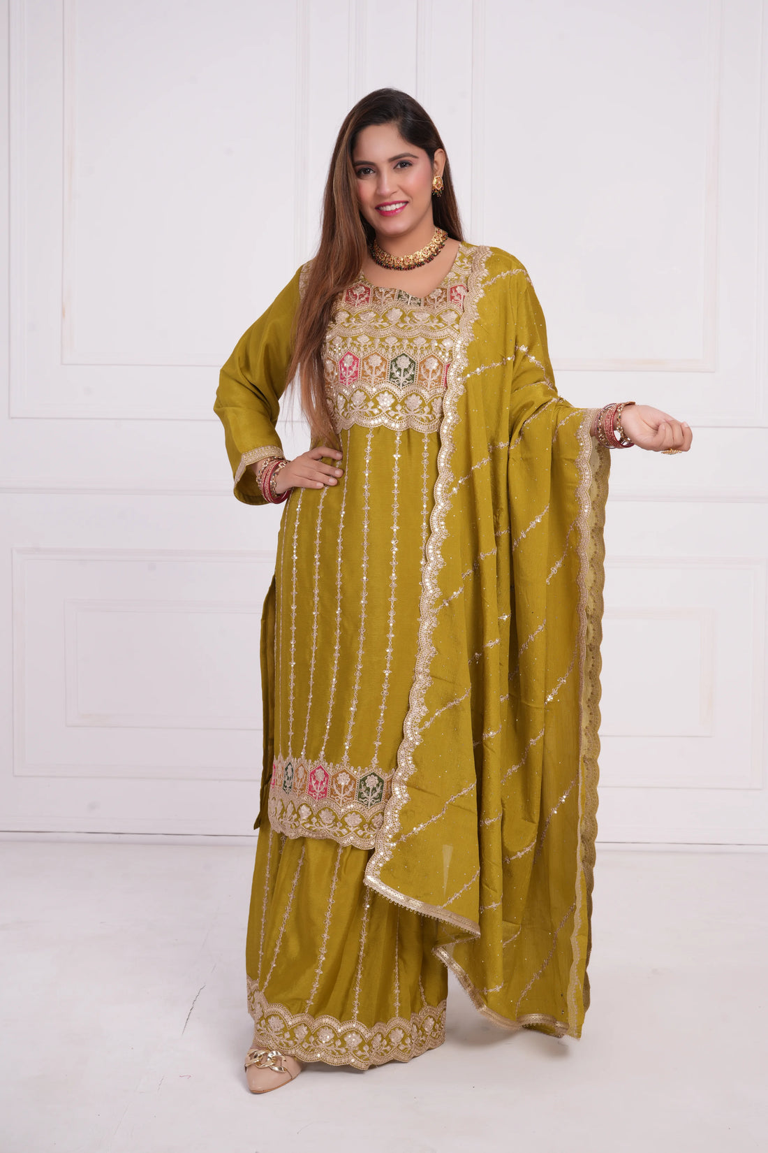 Women Ethnic motif and Zari embroidered Kurta With Sharara & Dupatta