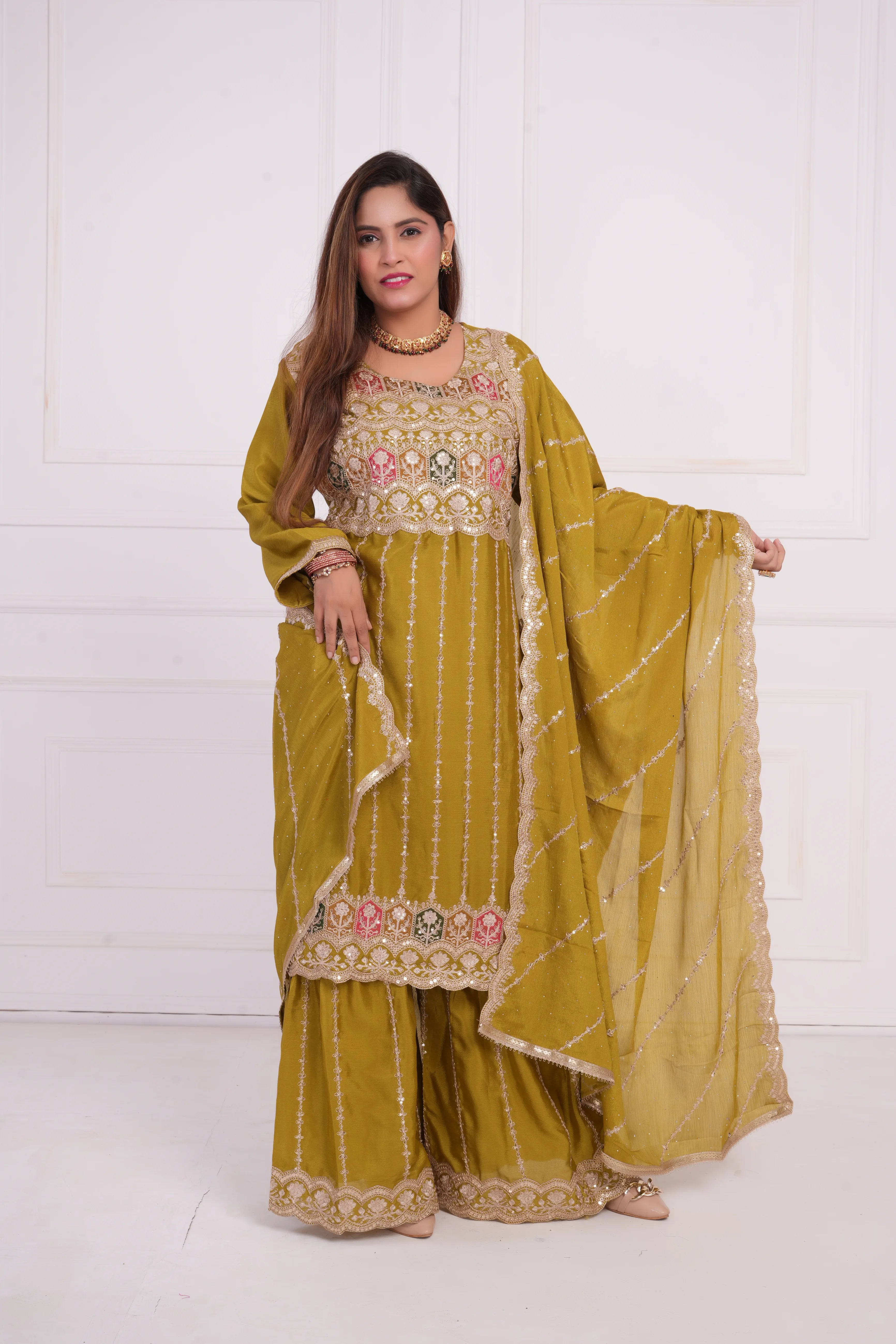 Women Ethnic motif and Zari embroidered Kurta With Sharara & Dupatta
