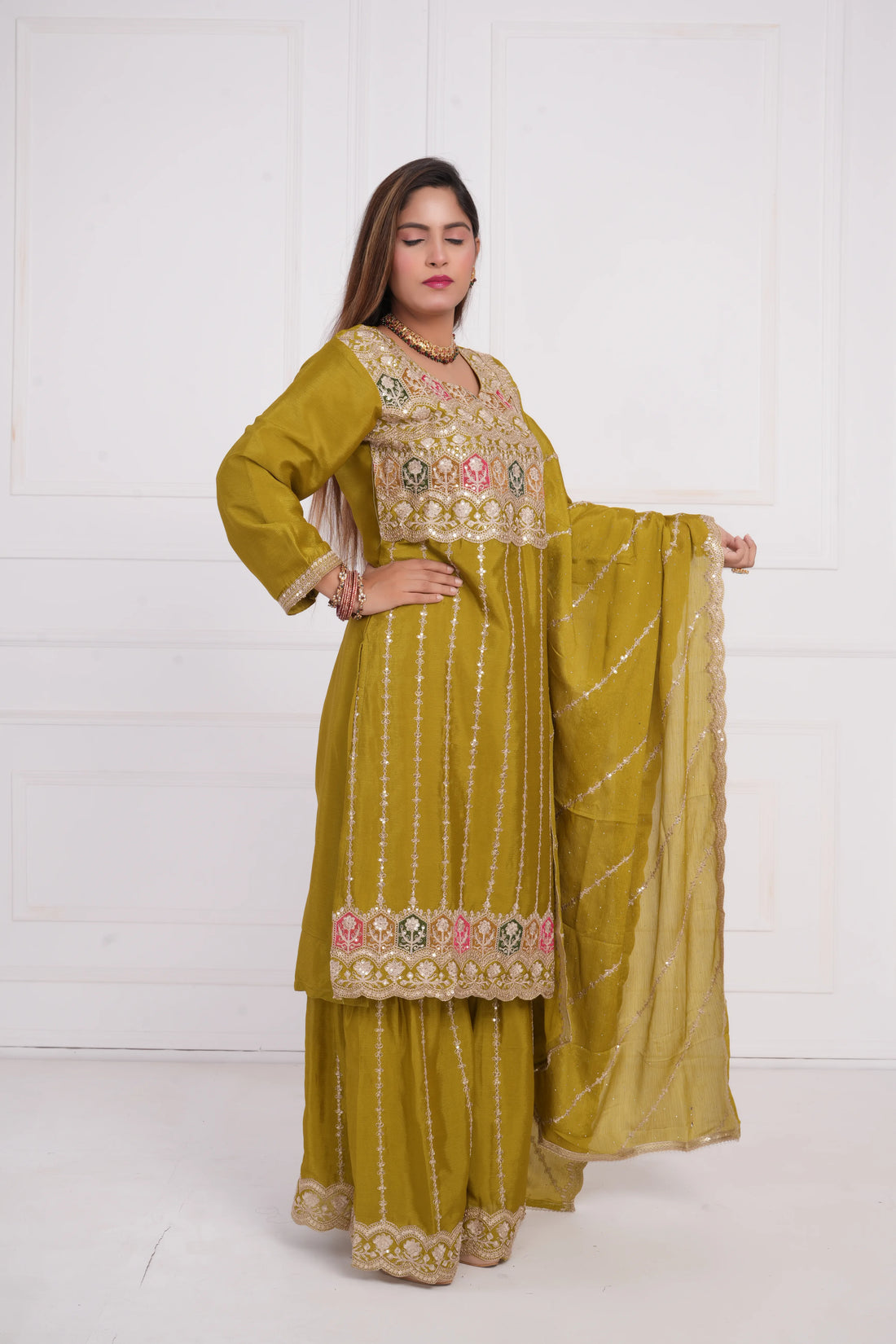 Women Ethnic motif and Zari embroidered Kurta With Sharara & Dupatta