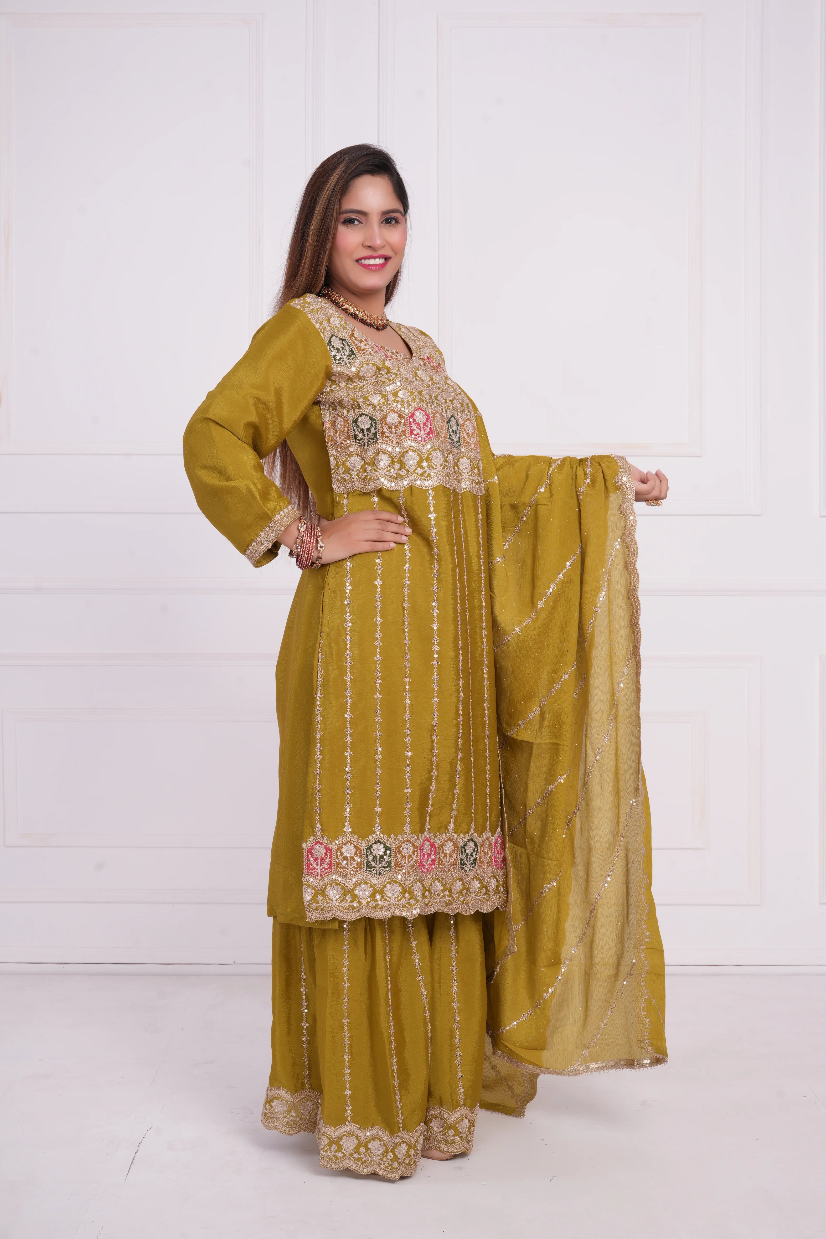 Women Ethnic motif and Zari embroidered Kurta With Sharara & Dupatta