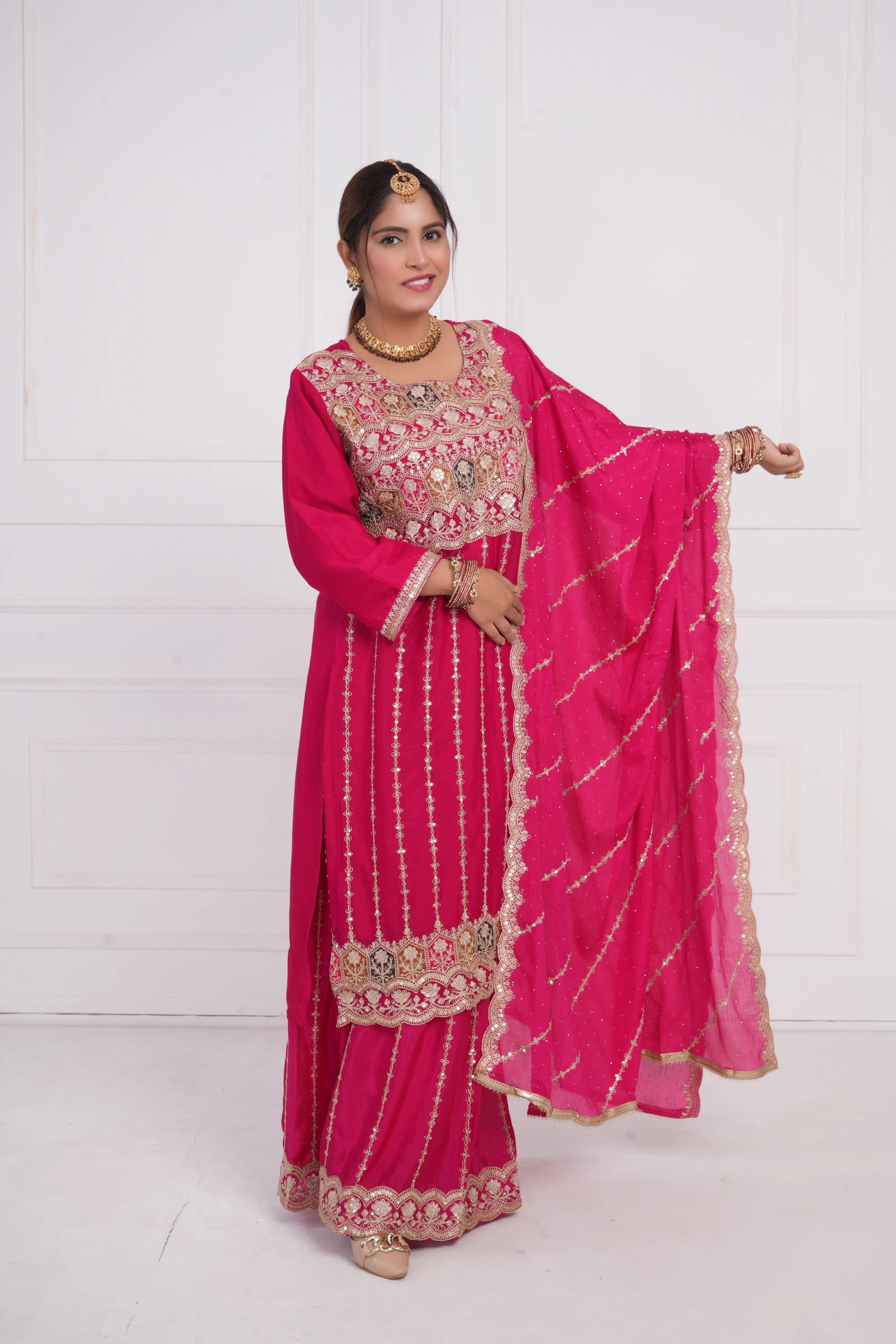 Women Ethnic motif and Zari embroidered Kurta With Sharara & Dupatta