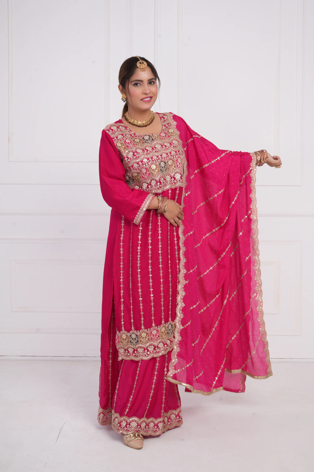 Women Ethnic motif and Zari embroidered Kurta With Sharara & Dupatta