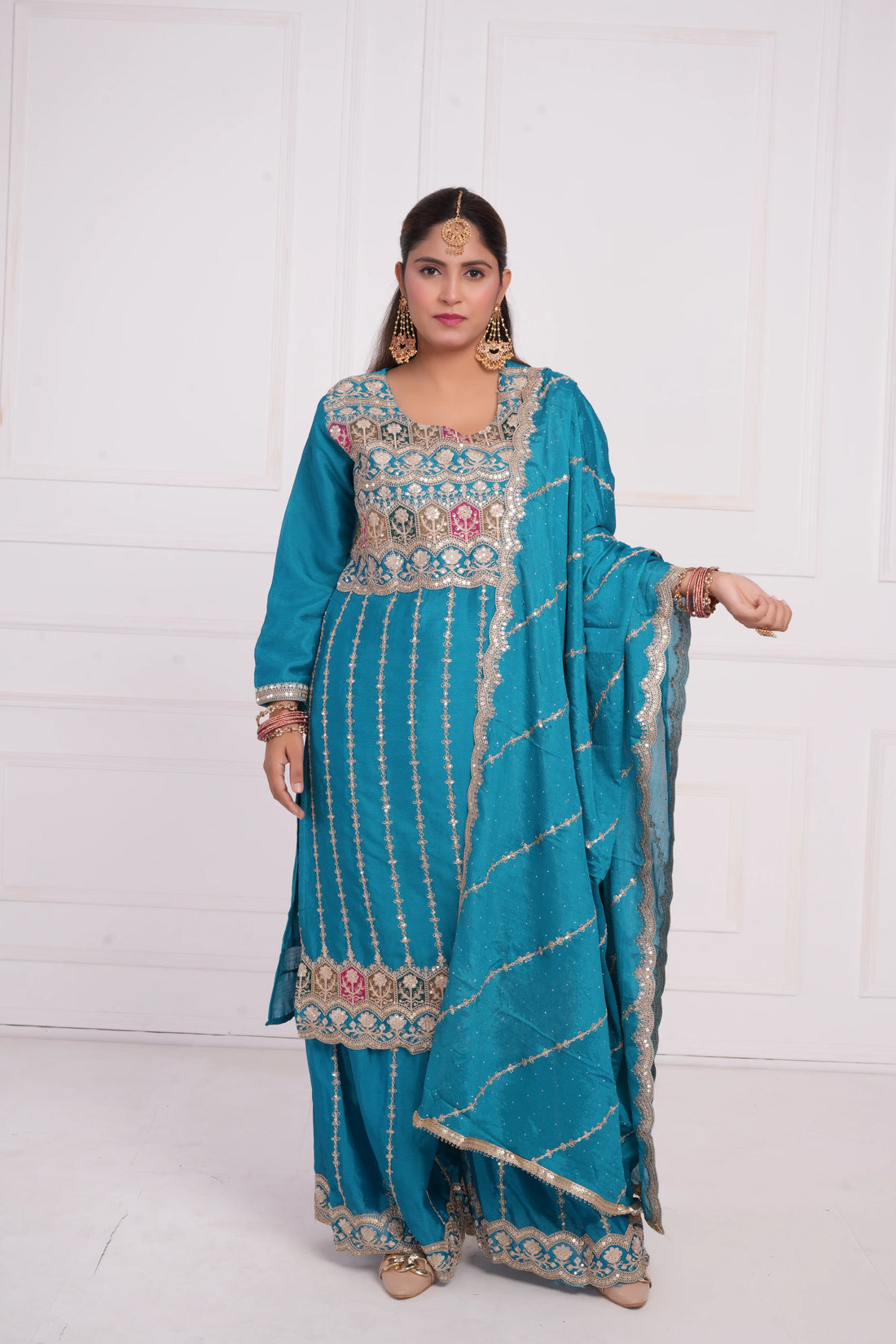 Women Ethnic motif and Zari embroidered Kurta With Sharara & Dupatta