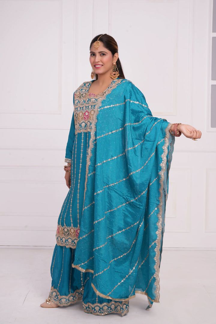 Women Ethnic motif and Zari embroidered Kurta With Sharara & Dupatta