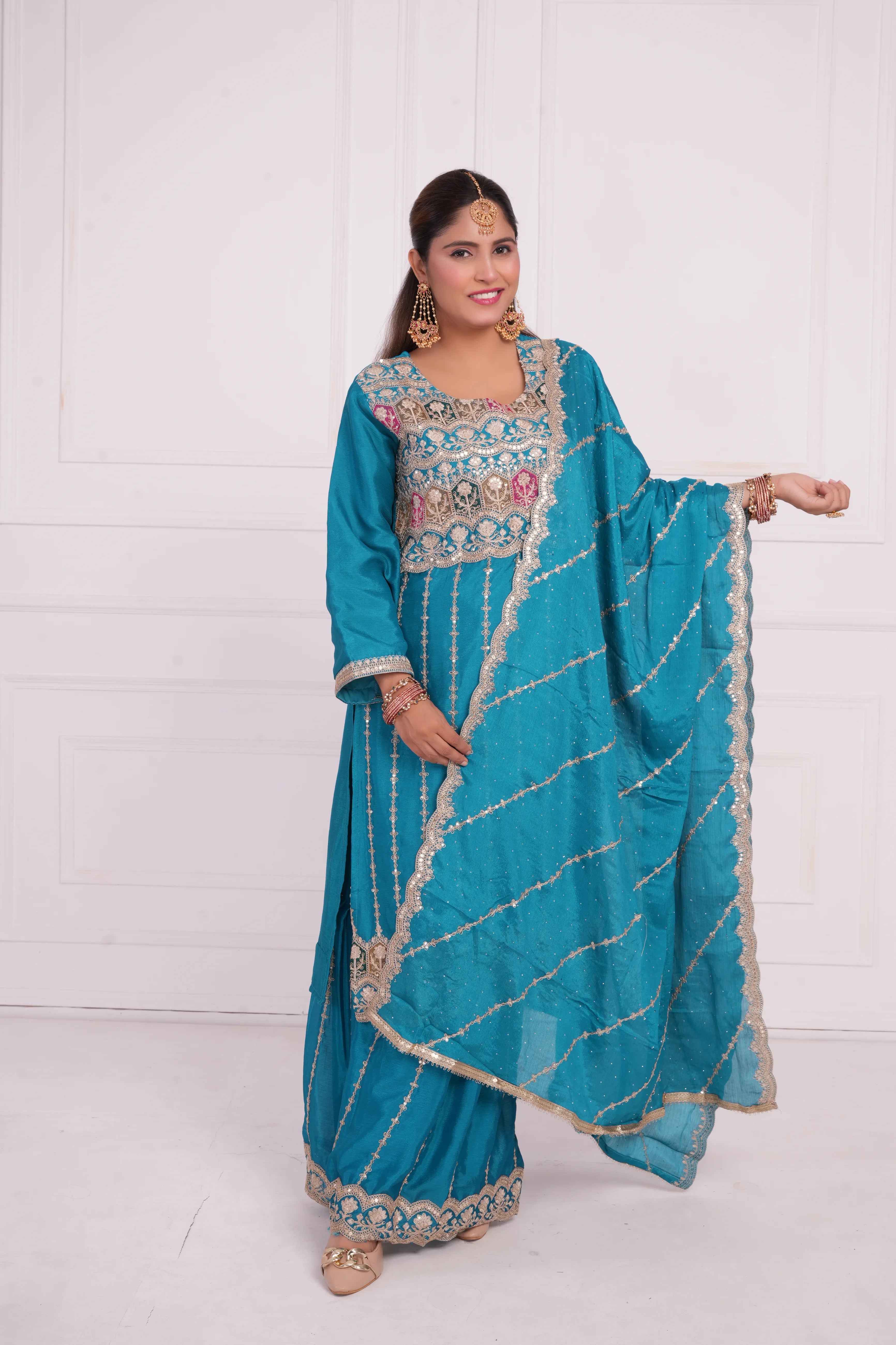 Women Ethnic motif and Zari embroidered Kurta With Sharara & Dupatta
