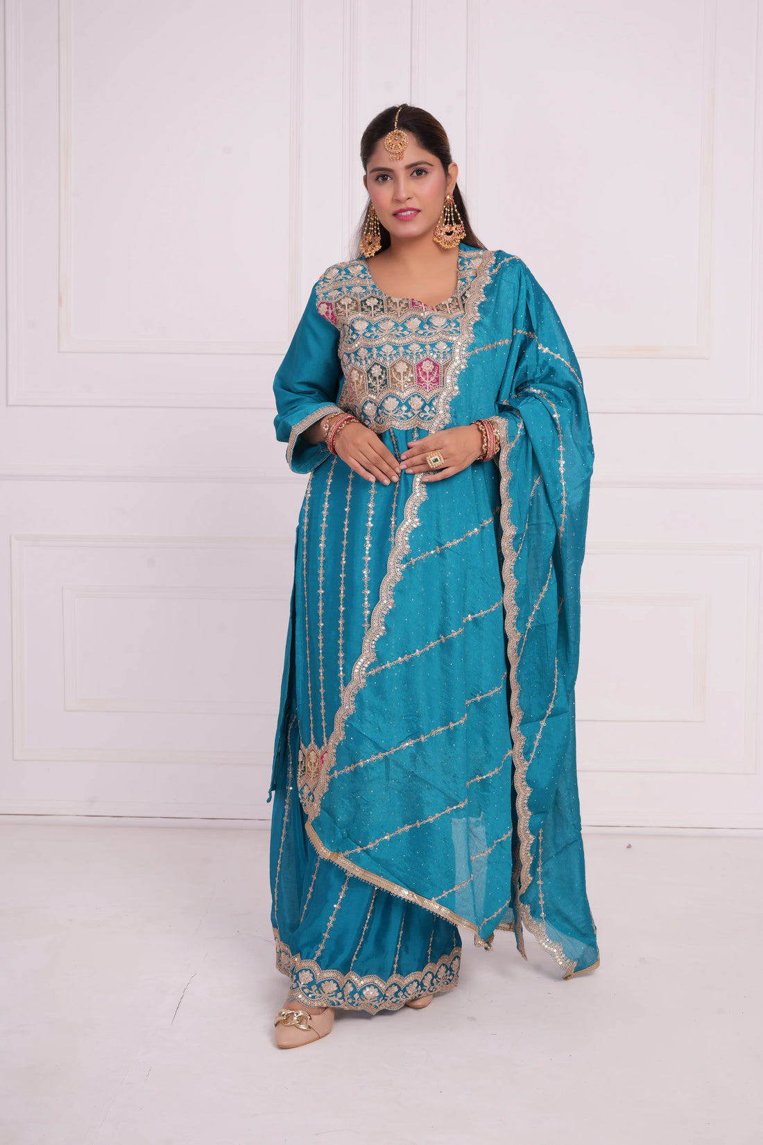 Women Ethnic motif and Zari embroidered Kurta With Sharara & Dupatta
