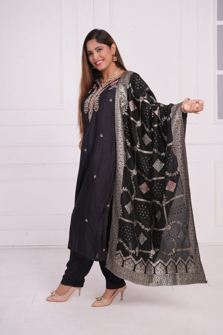 Ethnic motif zari sequinned embroidered silk kurta pant and dupatta