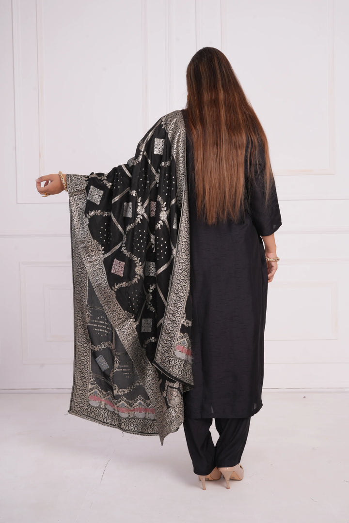 Ethnic motif zari sequinned embroidered silk kurta pant and dupatta