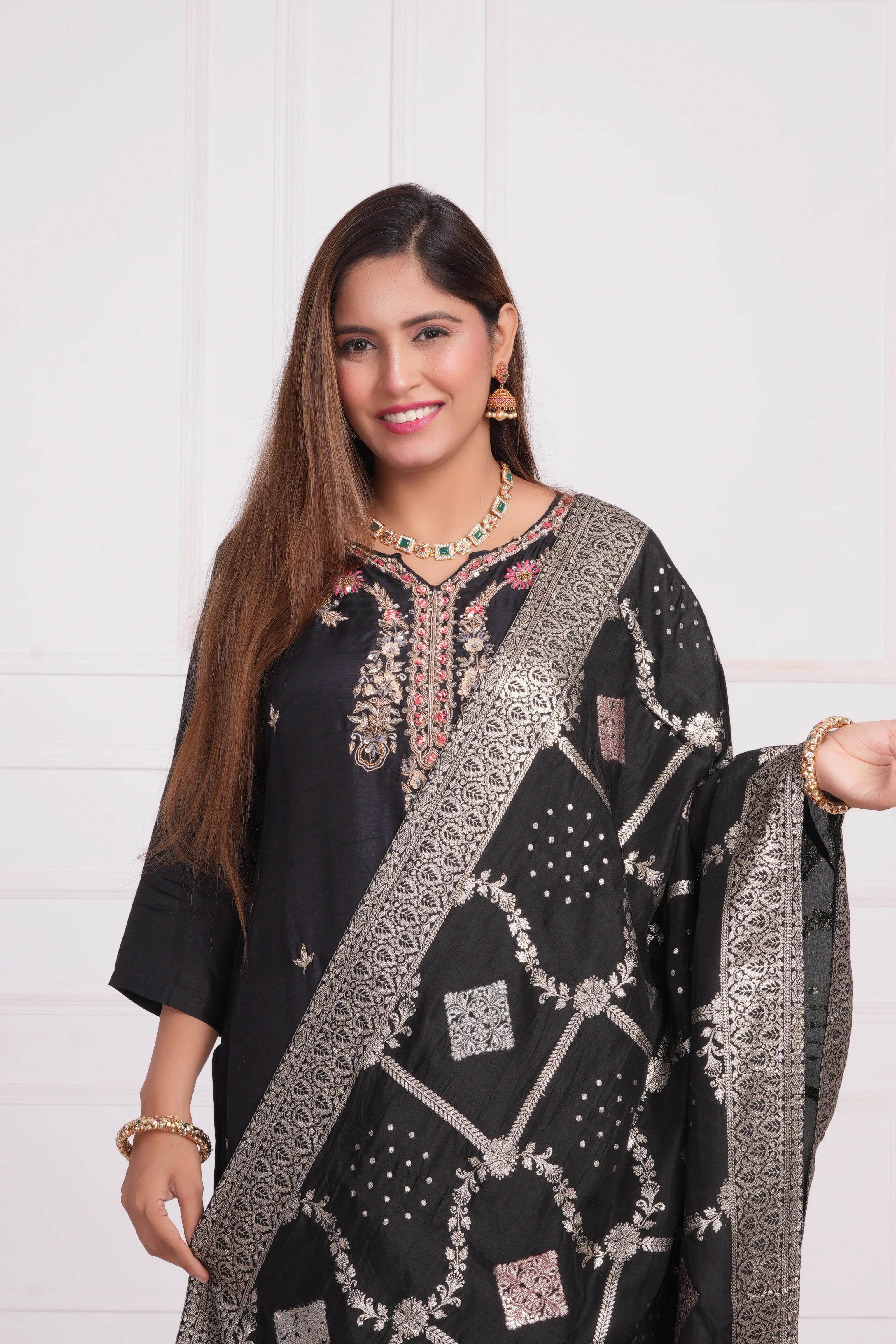 Ethnic motif zari sequinned embroidered silk kurta pant and dupatta