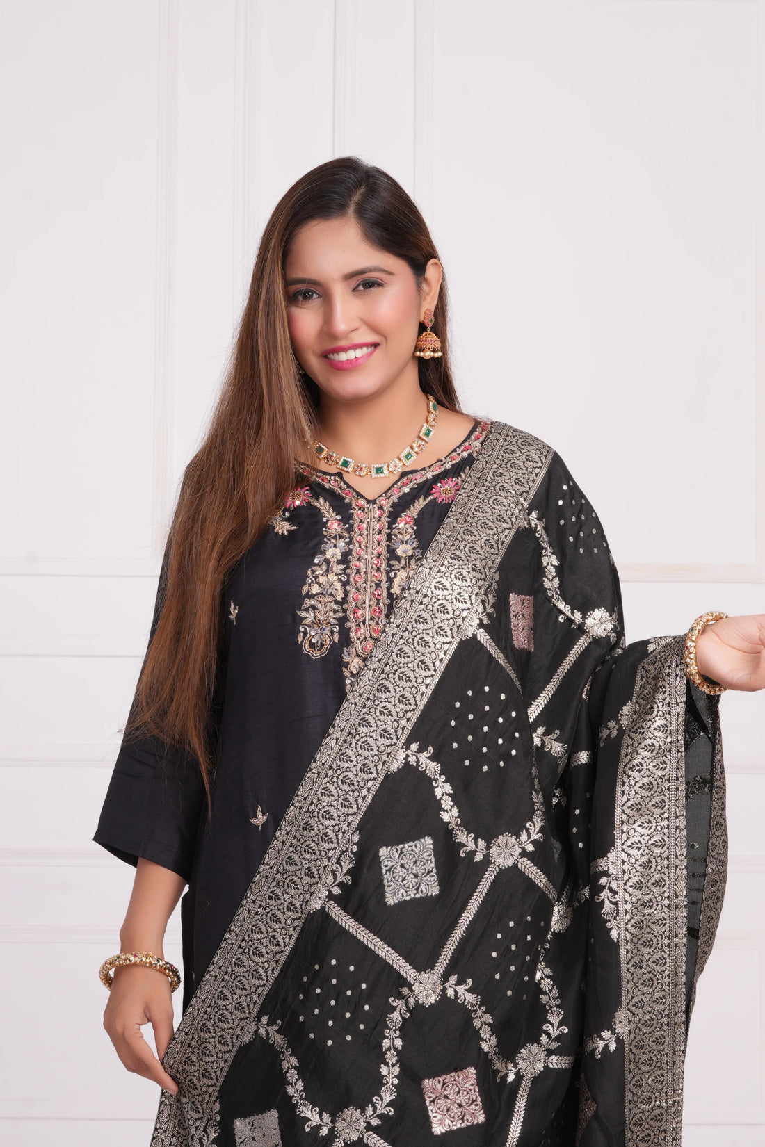 Ethnic motif zari sequinned embroidered silk kurta pant and dupatta