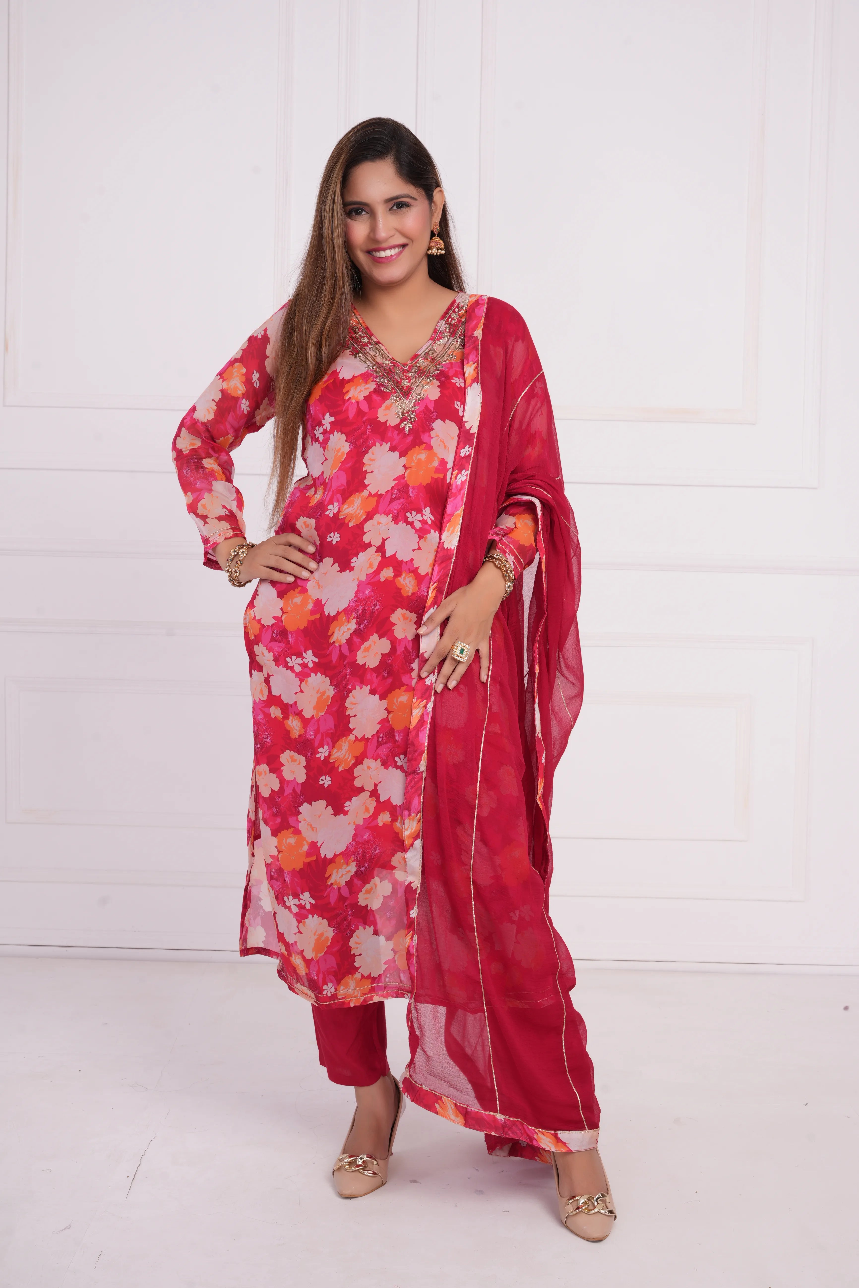 Ethnic motif zari sequinned embroidered silk kurta pant and dupatta