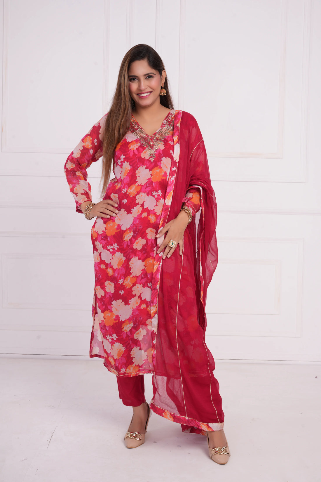 Ethnic motif zari sequinned embroidered silk kurta pant and dupatta